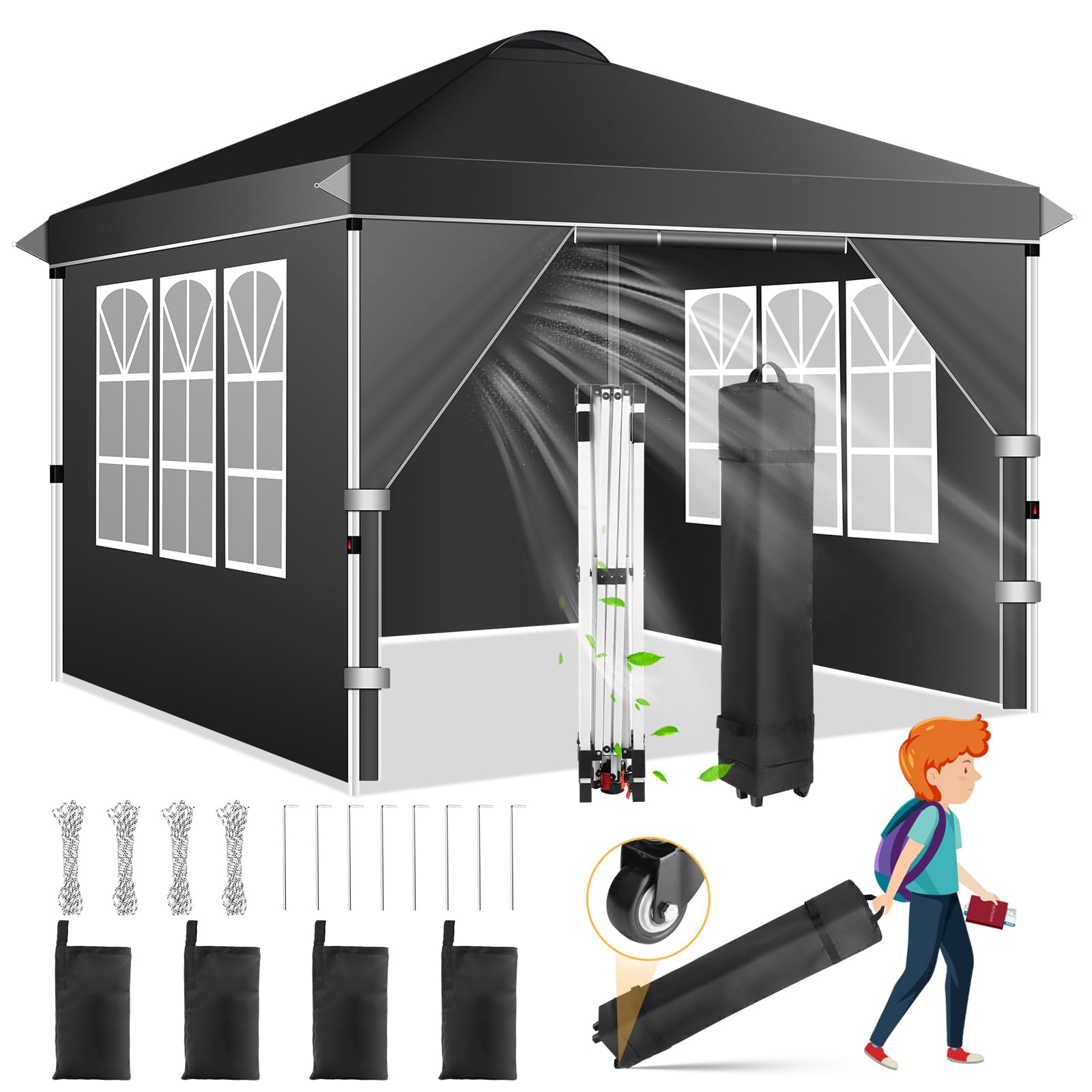 Pop Up Canopy Tent 10x10 - with 4 Removable Sidewalls, 210D PU Silver Coated Tarp, Roller Bag and 4 Sandbags, Sun Shelter Instant Up Gazebo for Outdoor Events/Backyard/Garden/Camping/Commerce