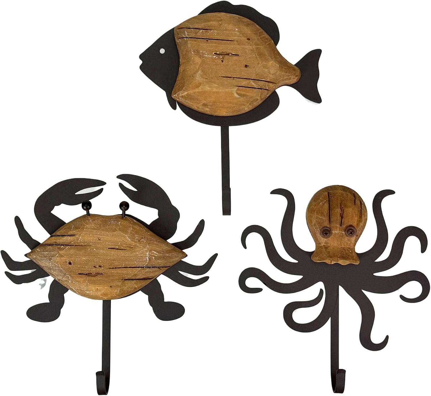Things2Die4 Set of 3 Decorative Wall Hooks, 8 Inch Fish Crab Octopus