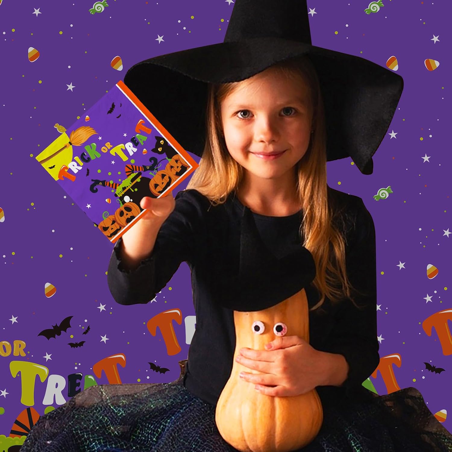 Halloween Party Supplies Kit Serve 50，Halloween Witch Pumpkin Design Includes Disposable Dinner Plates, Dessert Plates and Napkins, Birthday Party Decorations