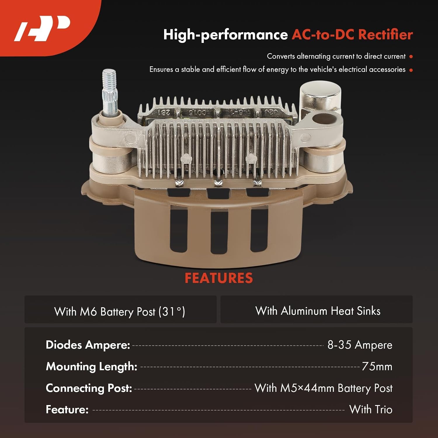 A-Premium Alternator Rectifier Compatible with Honda Civic 1994-1995, Civic del Sol 1994-1995, 1.5L, 12V Rectifier 8-50A Diodes