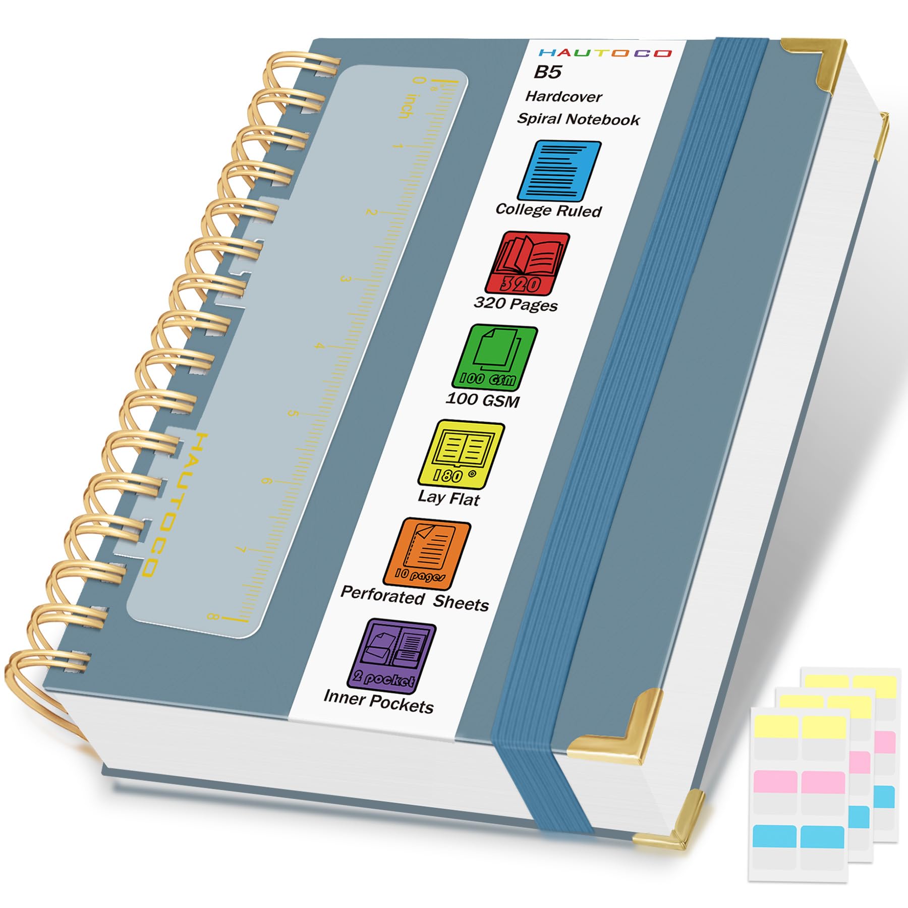 HAUTOCO Spiral Notebook College Ruled B5 Leather Bound Journal, 320 Pages, Hardcover Notebooks with tabs, 100 GSM Paper, 7"x 9.7" Lined Journaling Notebooks for Work Office School Business, Airy Blue