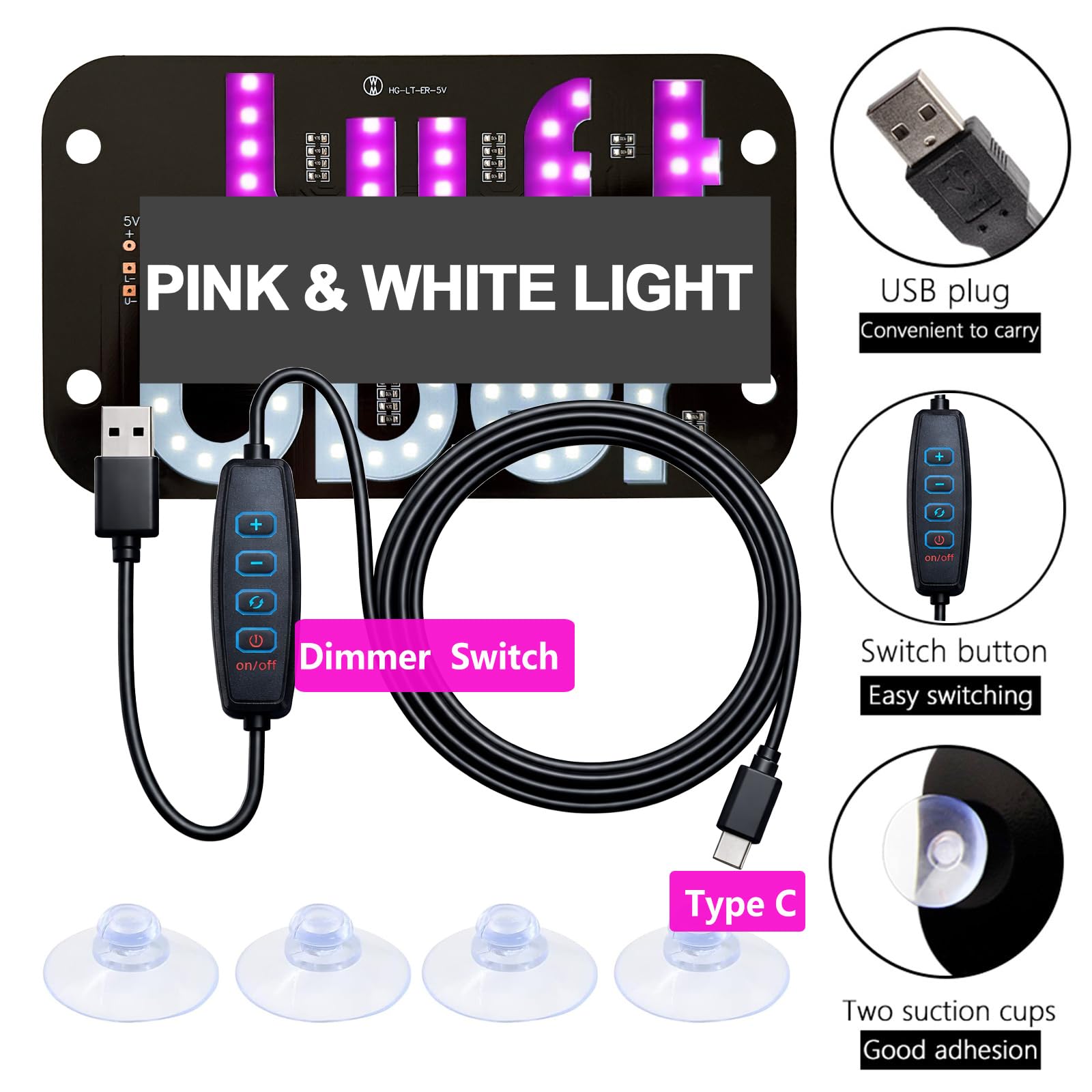 LED Light Sign for Car Windshield with 4 Suction Cups, USB A Switch Cable — view 5