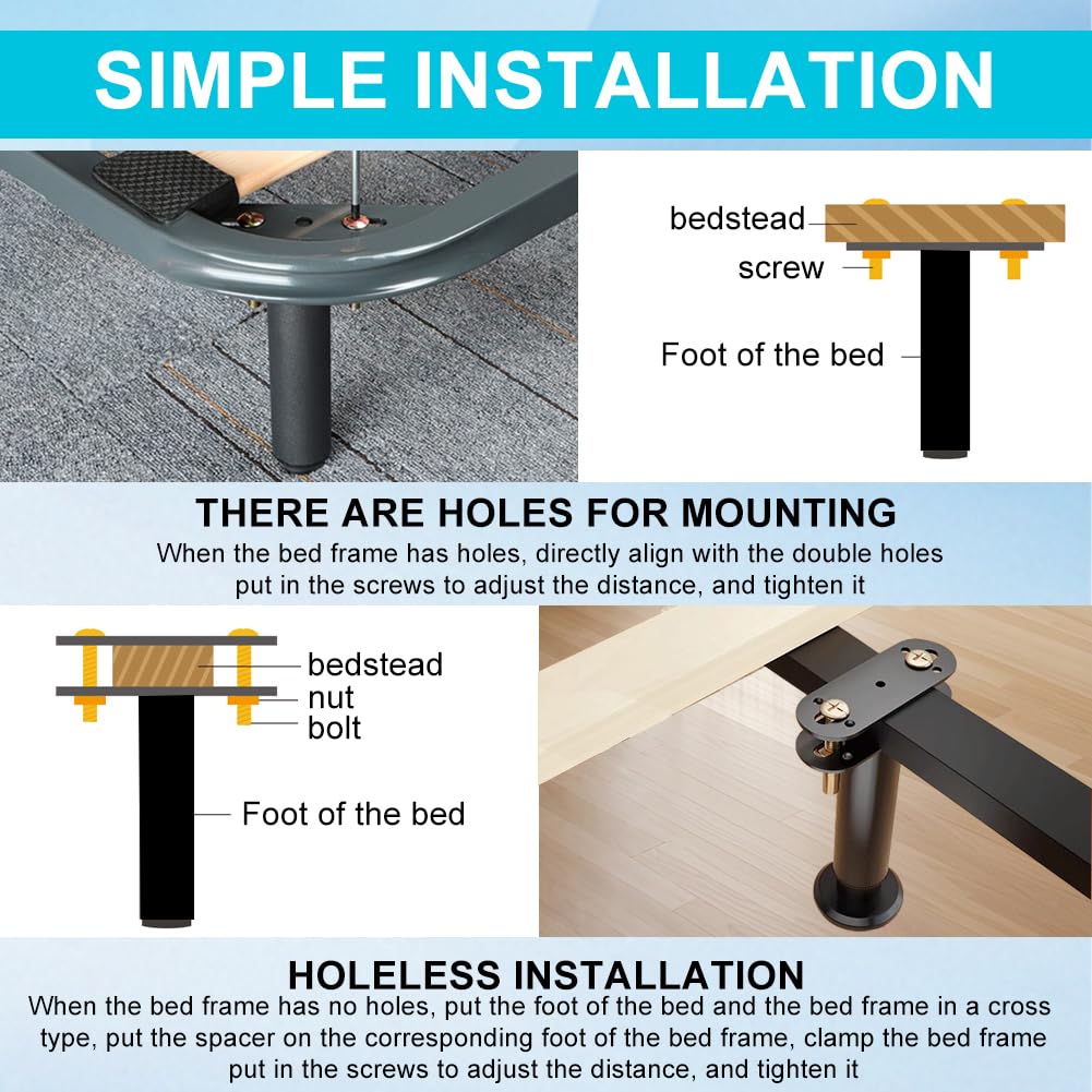 Pieds de lit réglables en Hauteur, Pieds de Support en métal(18cm-32cm) | Pieds de Support pour Cadre de lit et sommier à Lattes, en métal, Pieds de Meuble rétractables, jusqu'à 450 kg