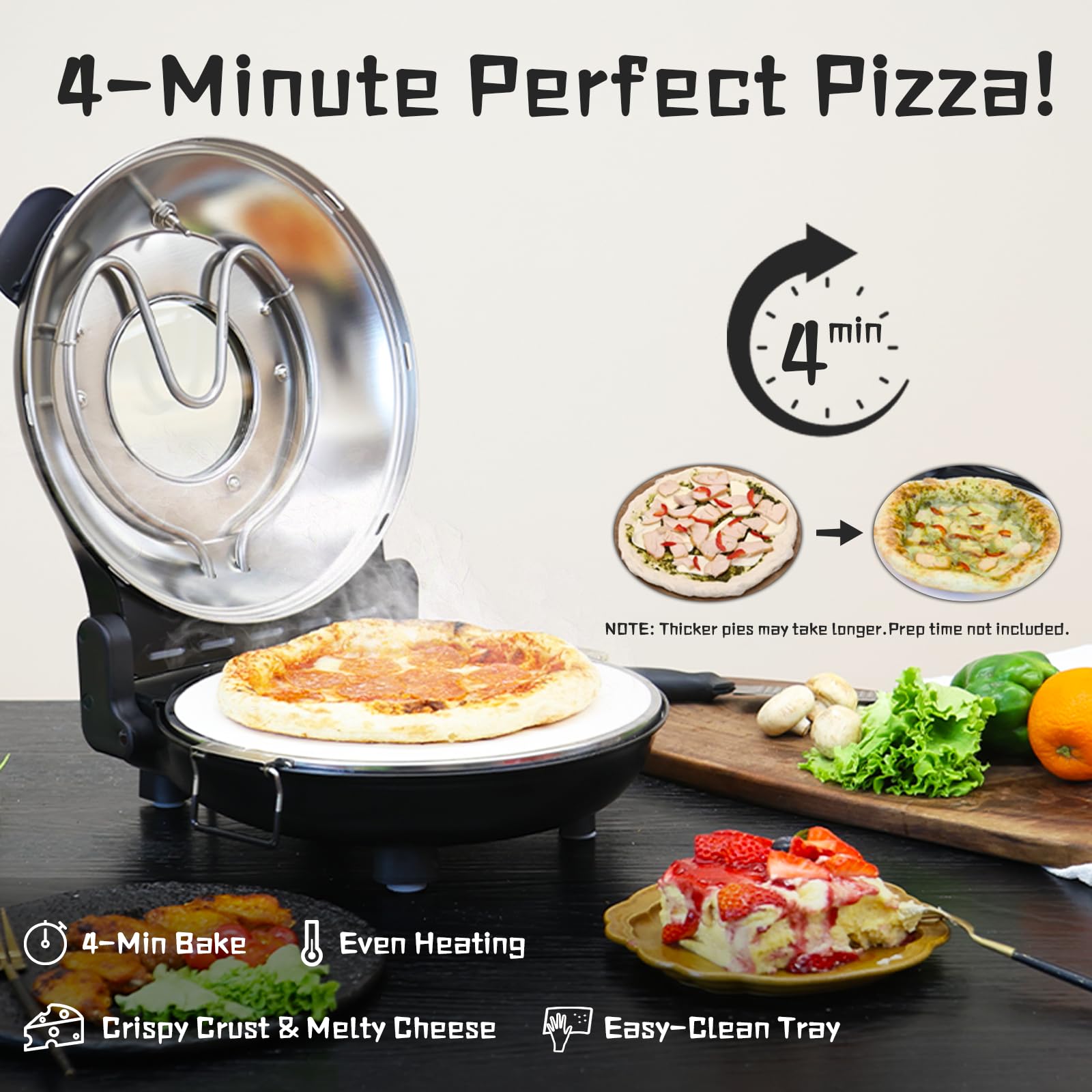 Stone Pizza Oven, 12'' Indoor Electric Pizza Maker, 1200W Countertop Pizza Maker Machine with Dual Temp Control, Crispy Crust Pizzas in Minutes, Black - Detailed View