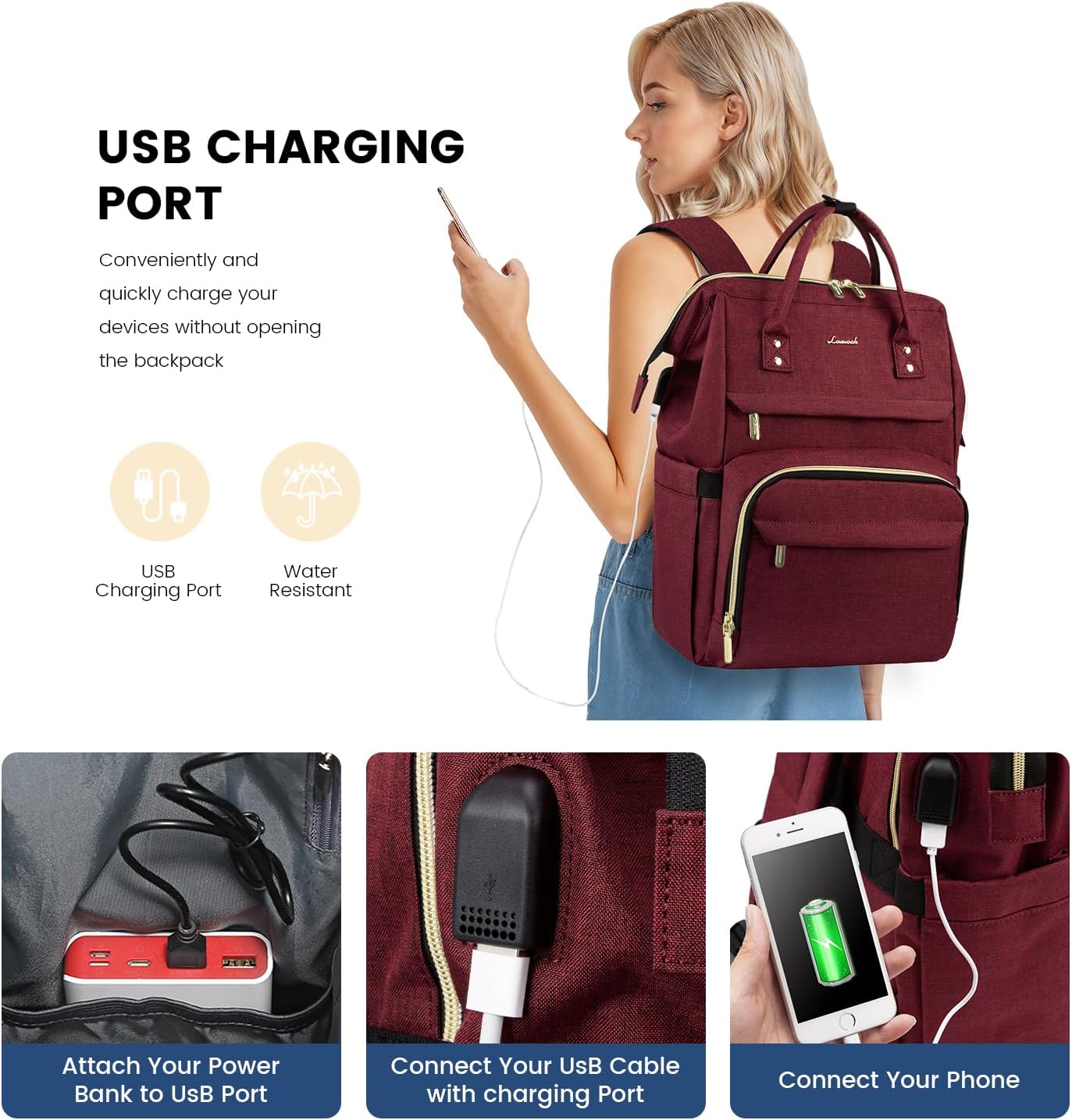 LOVEVOOK College Laptop Backpack, 15.6 Inch Travel Backpack for College, Waterproof Work Backpack Woman for Teacher Nurse Anti-theft Travel Back Pack, Gifts for Women, Wine Red image 3
