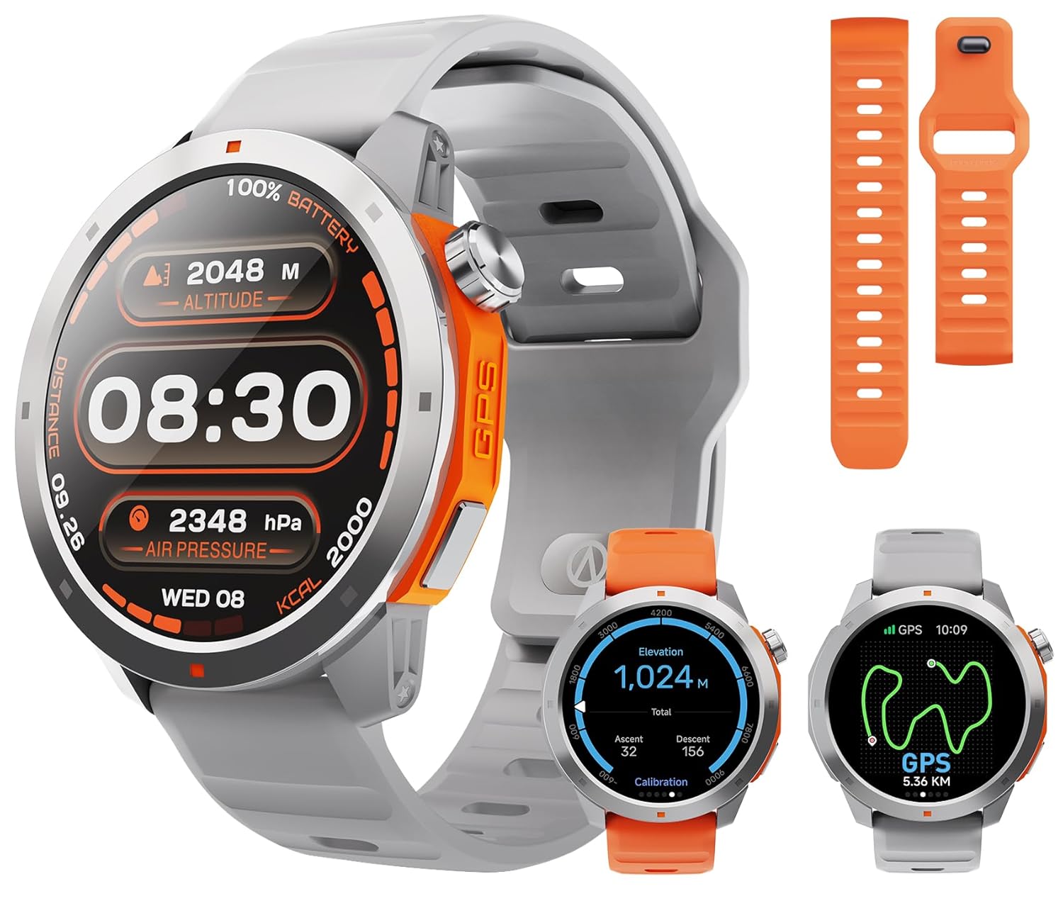 AOLON GPS Smart Watch for Men, 1.43” AMOLED Smartwatch with Compass/Barometer/Altimeter, Heart Rate/Sleep Monitor, 30M Waterproof, 60+ Sports Fitness Tracker for Android/iOS, Gray & Orange (2 Bands)