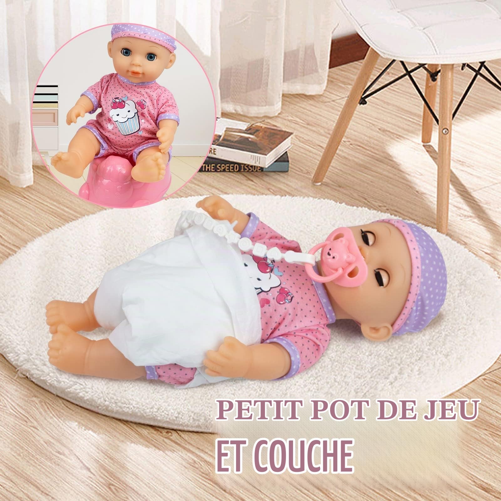 RedCrab Ensemble de Jeu de Poupee Bebe avec Fonctions - Manger, Boire, Dormir, 18 Accessoires Poupon avec Poupée, Chaise Haute, Biberon, Tétine, Couches, Poupée Vêtements
