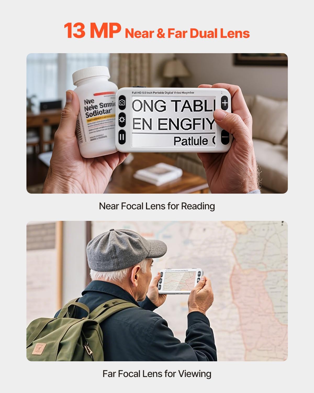 Two images demonstrating the dual lens functionality: one showing the magnifier used for reading a medicine bottle (near focal lens), and another showing it used for viewing a map in the distance (far focal lens).