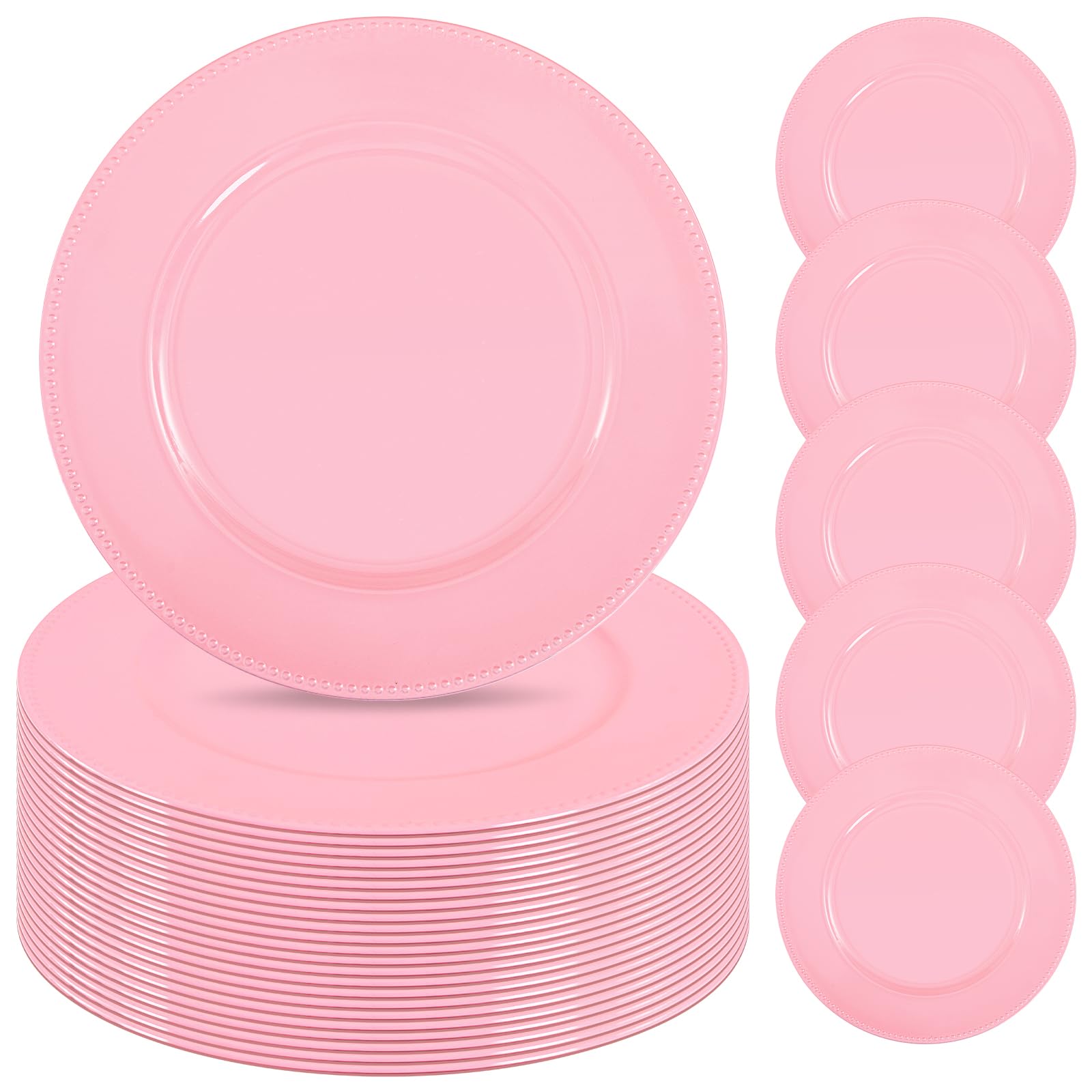 24 Pcs Pink Charger Plates Bulk,13 inch Round Beaded Plate Chargers for Dinner Plates, Decorative Dinner Chargers Plastic Table Chargers for Wedding