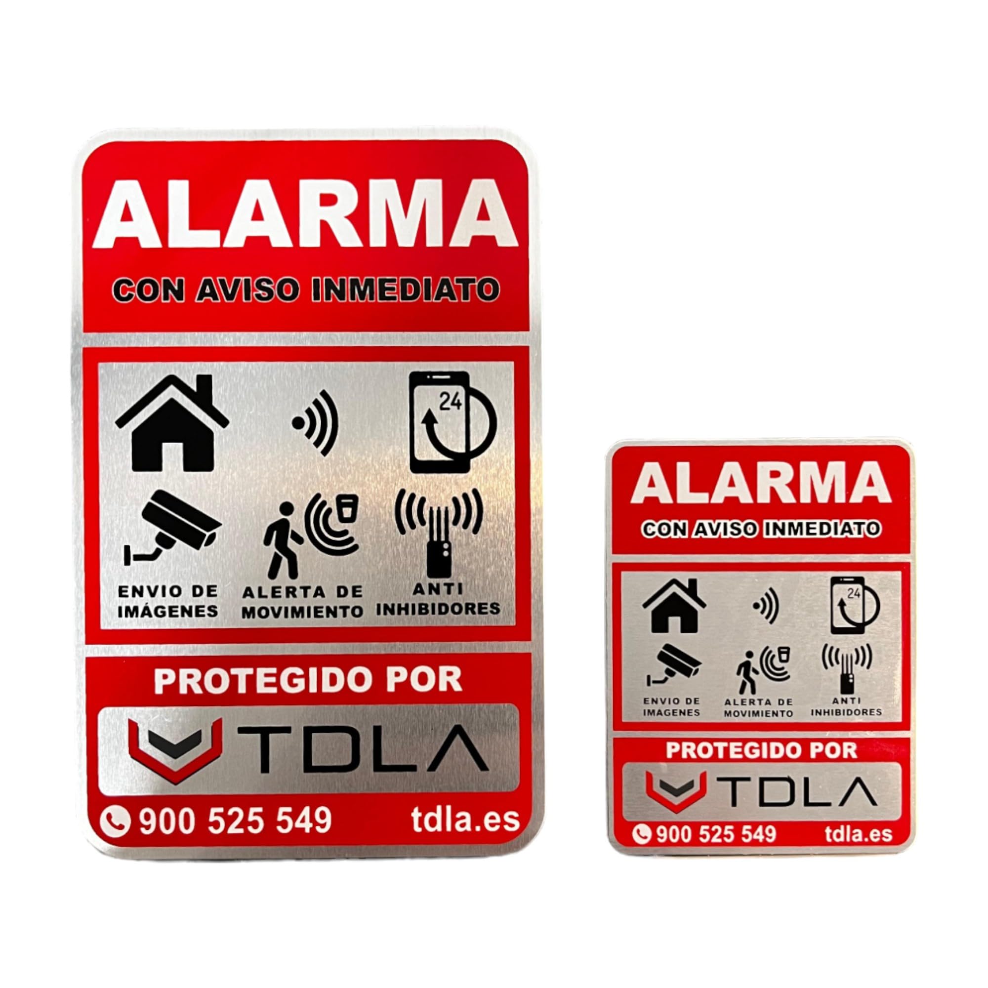 PACK 2 Tamaños - NO PARECE REAL, LO ES. Super Adhesivo y ALUMINIO - Somos empresa venta de ALARMAS Especial piso Cartel alarma disuasorio Alarma ROJO - 14x9cm y 8x6cm