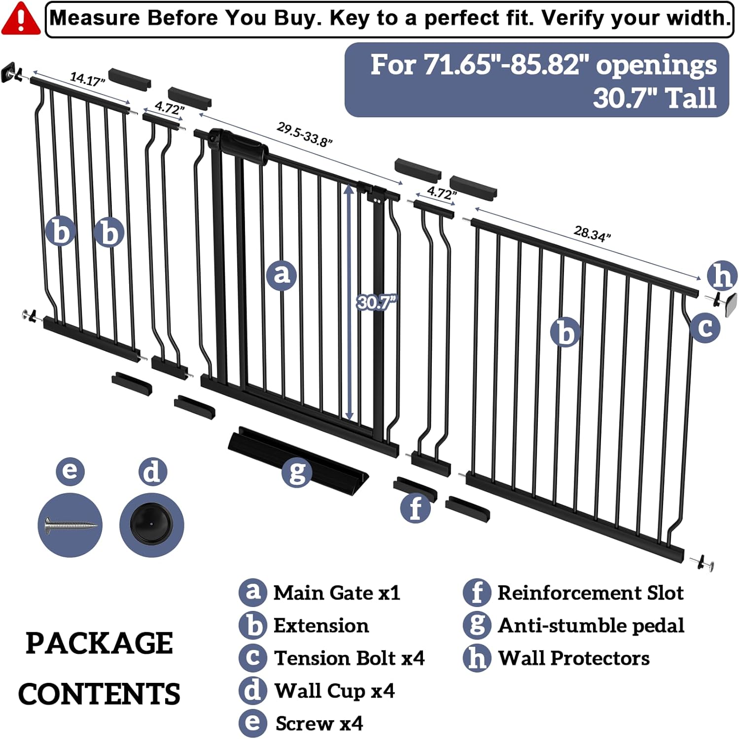 extra wide baby gates for doorways 71.65"-85.82" extra wide baby gate dog gate pressure mounted no drilling with walk-through, auto-close & dual-direction swing for large wide opening black black 71.65"-85.82"(182-218cm)