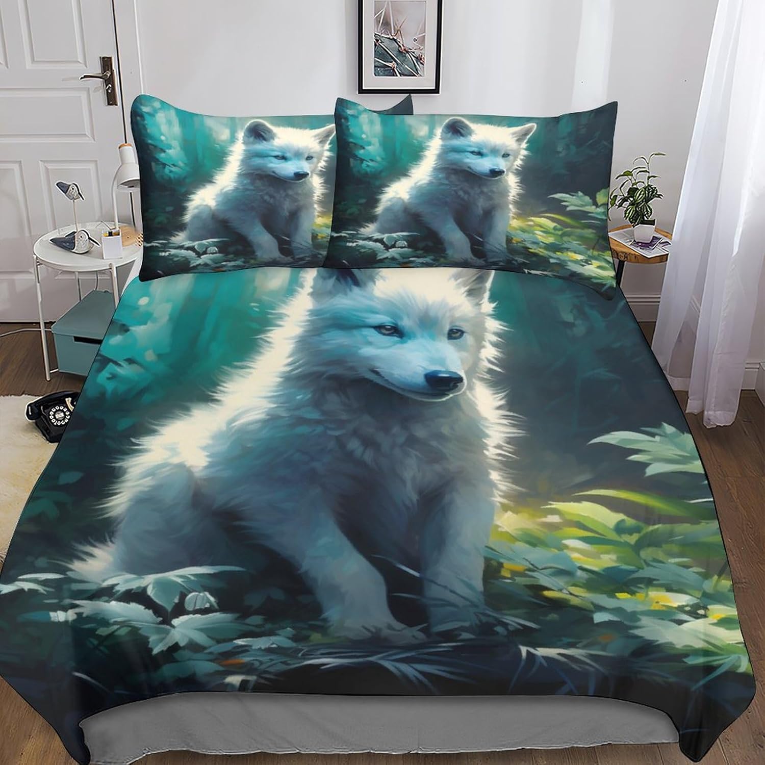 flapperons 3 Pieces White Wolf Duvet Cover Set 3D Printed Bedding Set