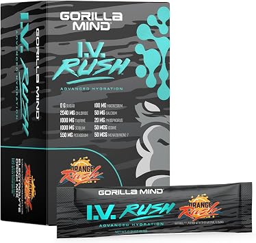 Gorilla Mind I.V. RushTM Electrolyte Drink Mix 3,760mg Electrolytes, Sugar Free, No Artificial Sweeteners | Fast Hydration Powder | Rehydration & Muscle Support | 12 Travel Sticks | Orange Rush