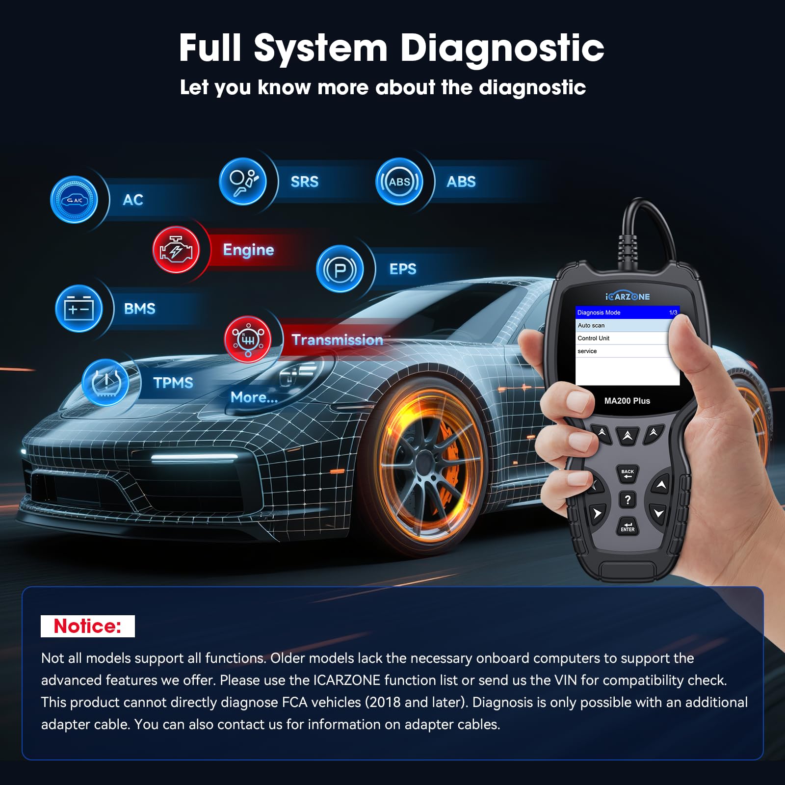 Wszystkie systemy skanera OBD2, MA200 Plus czytnik kodów samochodowych do ponad 10000 modeli samochodów, z 6 usługami pełne OBD2 Live Data Test baterii diagnostycznych narzędzia do skanowania