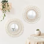 Dremisland Hanging Wall Mirror-Boho Macrame Fringe Round Decorative Mirror with Wood Beads,Art Ornament for Apartment Home Bedroom Living Room-2 Set (Pattern-02)