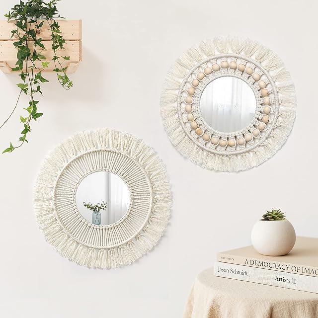 LOMOHOO 2pcs Hanging Wall Mirror with Macrame Fringe Set Round Boho Antique Weave Mirrors Art Decor for Apartment Living Room Bedroom Baby Nursery