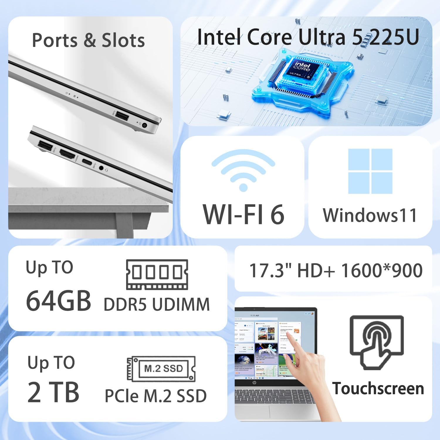 HP 17.3" Business Laptop, Touchscreen, Intel Core Ultra 5 225U (> i7-1355U), 32GB DDR5, 1TB SSD, Fingerprint, Backlit Keyboard, Win11 Pro, Silver, Bundle with PCO Laptop Cooler