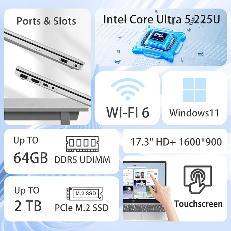 HP Business Laptop for Professionals, 17.3" 1600*900 Touchscreen, Ultra 5 225U(>i7-1355U) for Multitasking, 16GB DDR5, 512GB SSD, Webcam, Backlit, Win11 Pro, Silver, Bundle with ADATA 64GB Flash Drive image 2
