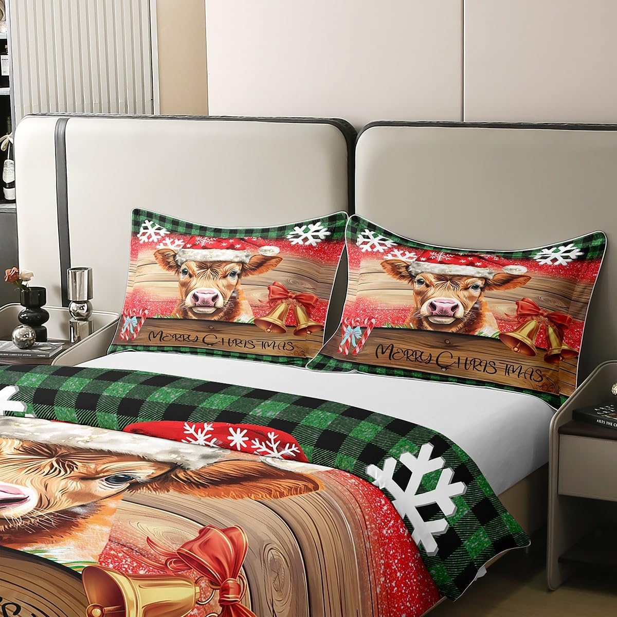 Manfei 100% Cotton Christmas Cattle Duvet Cover,Xmas Animal Snowflake Jingle Bell Bowknot Quilt Cover(No Filler),Rustic Wooden Plank Green Plaids Patchwork Decorative Quilt Cover,3Pcs Full Size