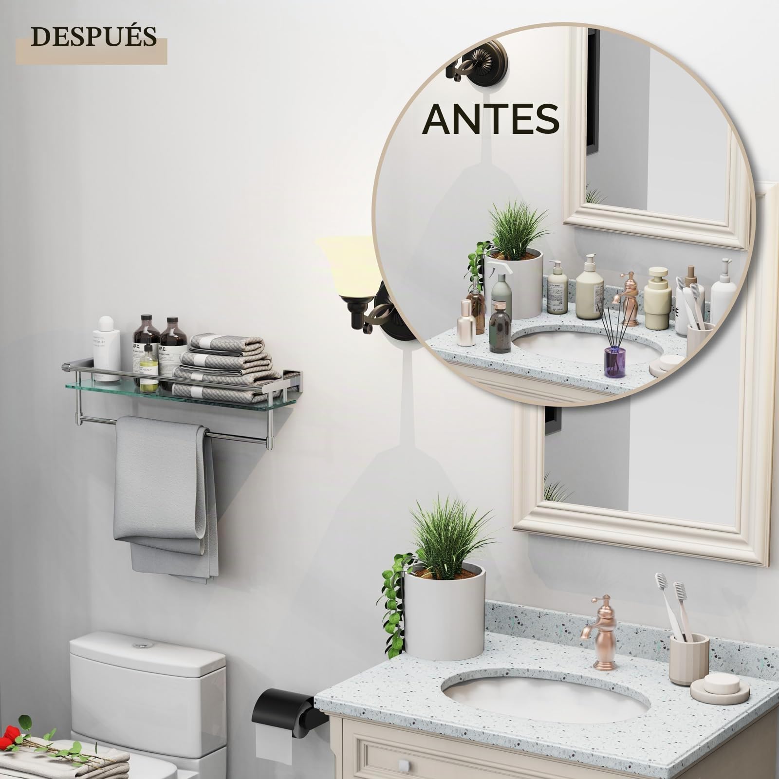 Estante de Cristal para baño de 50,8 cm con toallero, Estante de Vidrio Templado montado en la Pared, Estante de Almacenamiento de Toallas de Hotel, Sus304, Acero Inoxidable, Acabado Cromado