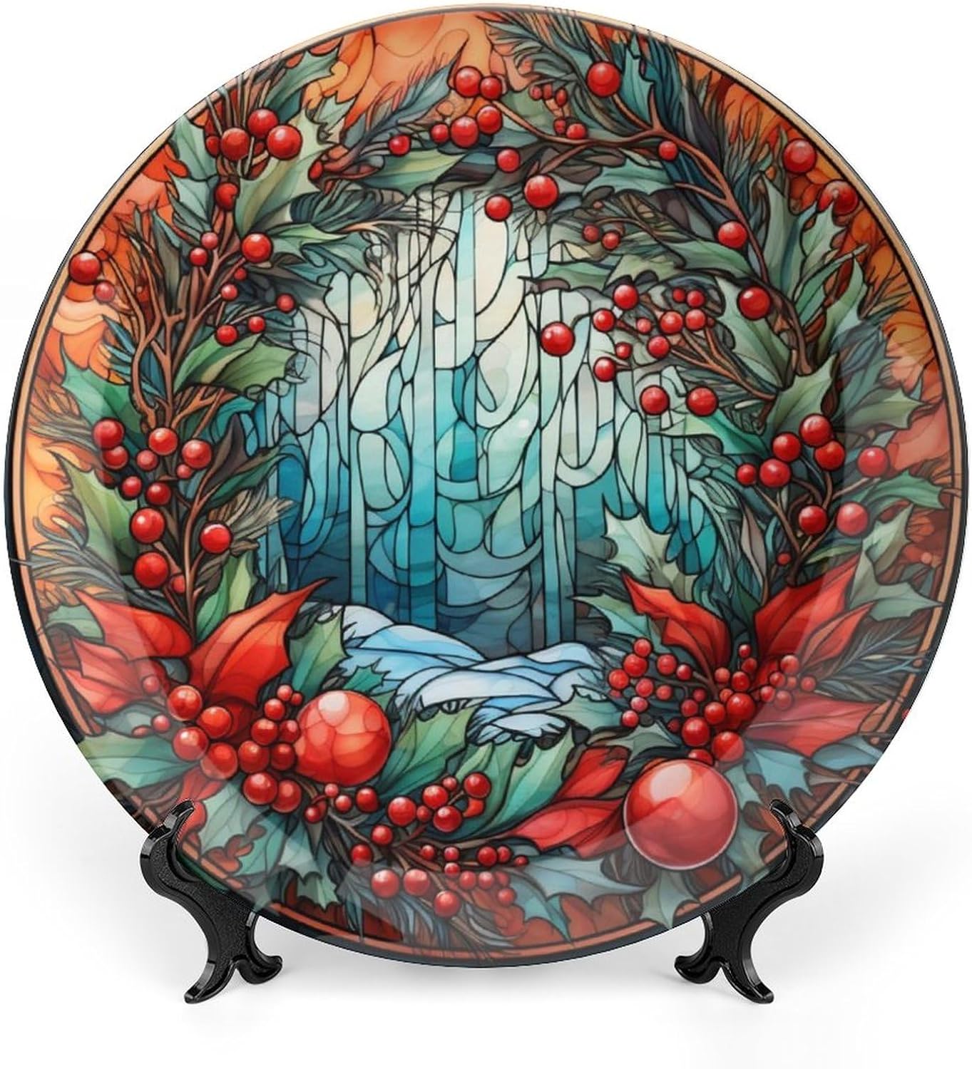 Xmas Decorative Plates, Christmas Tree & Stars Display Plate for Home Office Kitchen Table Decor, Stained Glass Design Porcelain Plates Xmas Ornament 6 Inch