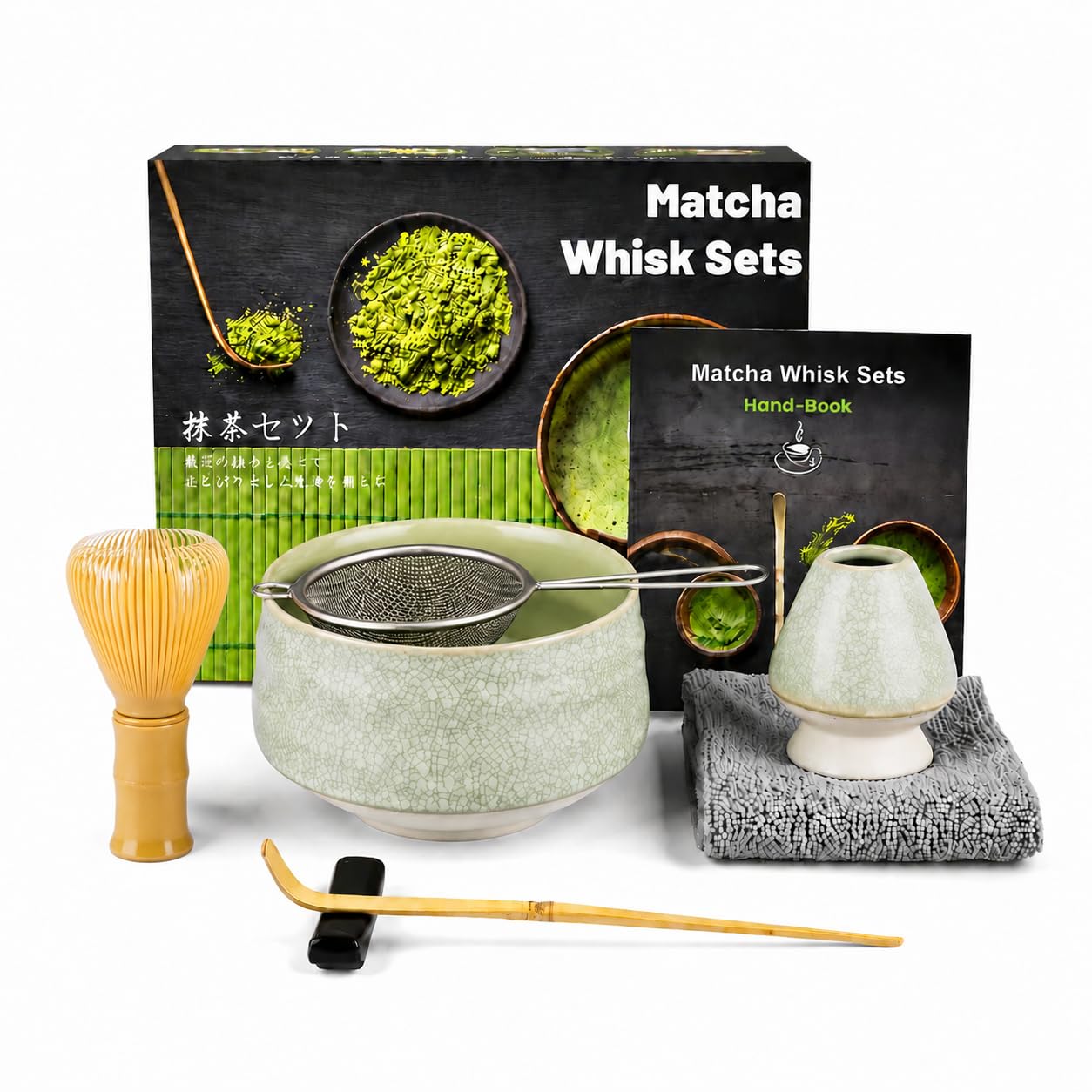 Muexoee 7 Pcs Matcha Set,Matcha Tea for Making Breakfast/Latte,Whisk Set and Bowl with All Accessories，Authentic Tea Ceremony，Cracked Grey-Green Bowl, Stirrer Yellow — image 1