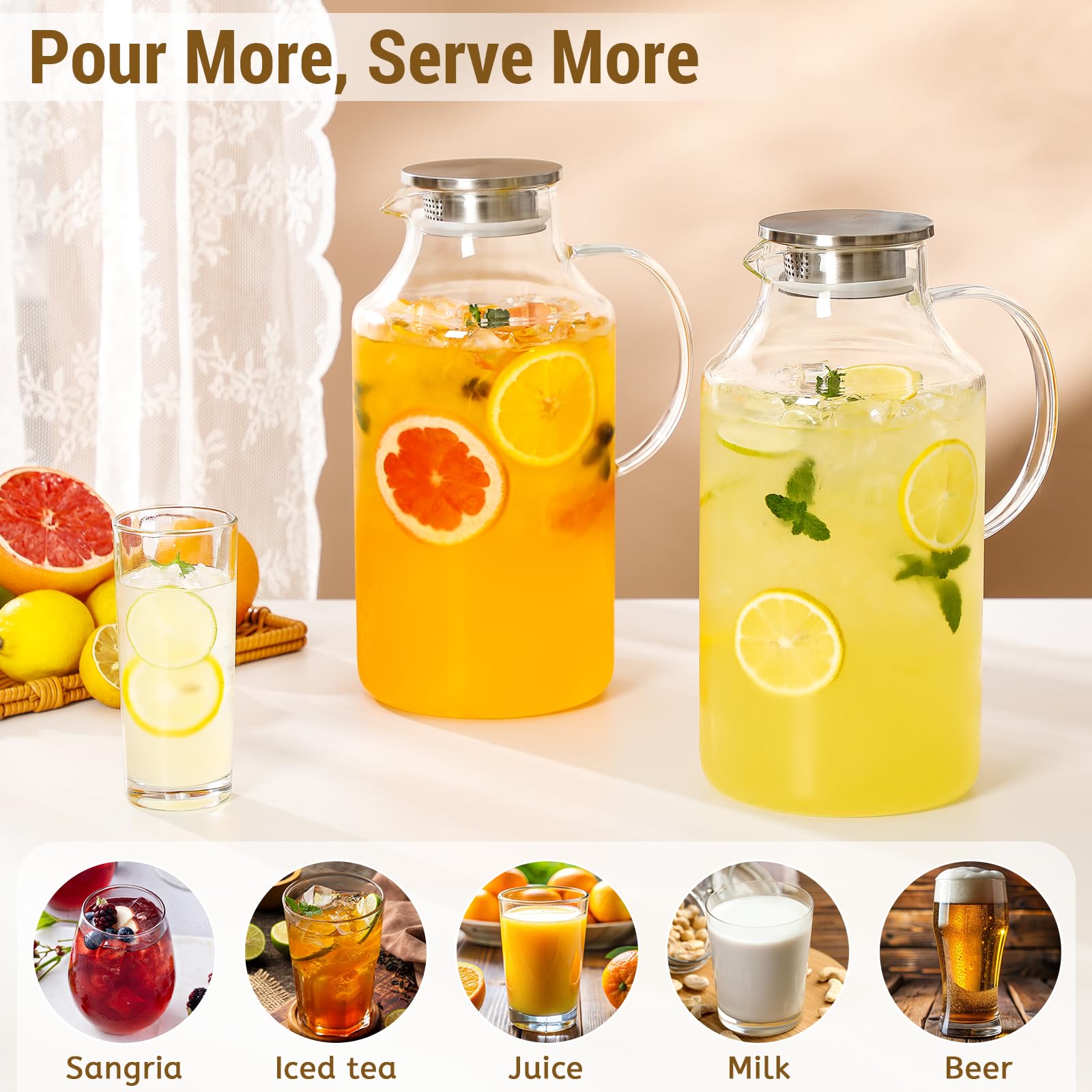 Confezione da 2 brocche in vetro ispessito da 1 gallone con coperchio e beccuccio, caraffa in vetro borosilicato per bevande calde/fredde, brocche per acqua per frigorifero, brocca extra large con