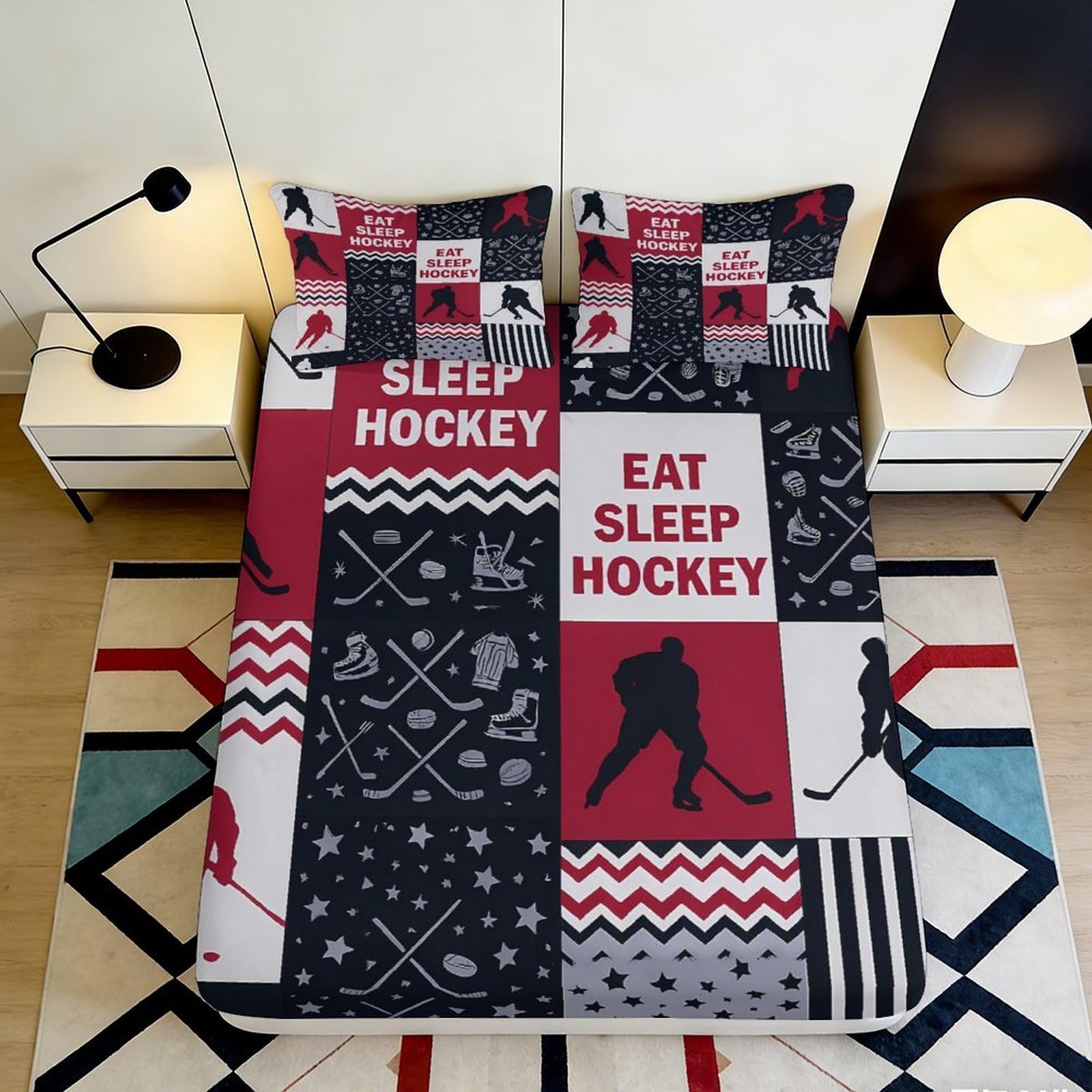 Pnayamiorkfel Style-6 3D Printed Eat Sleep Hockey Fitted Sheet Microfiber Red Black Bedroom Decor Mattress Cover For Home Guest Room 90X200x25cm