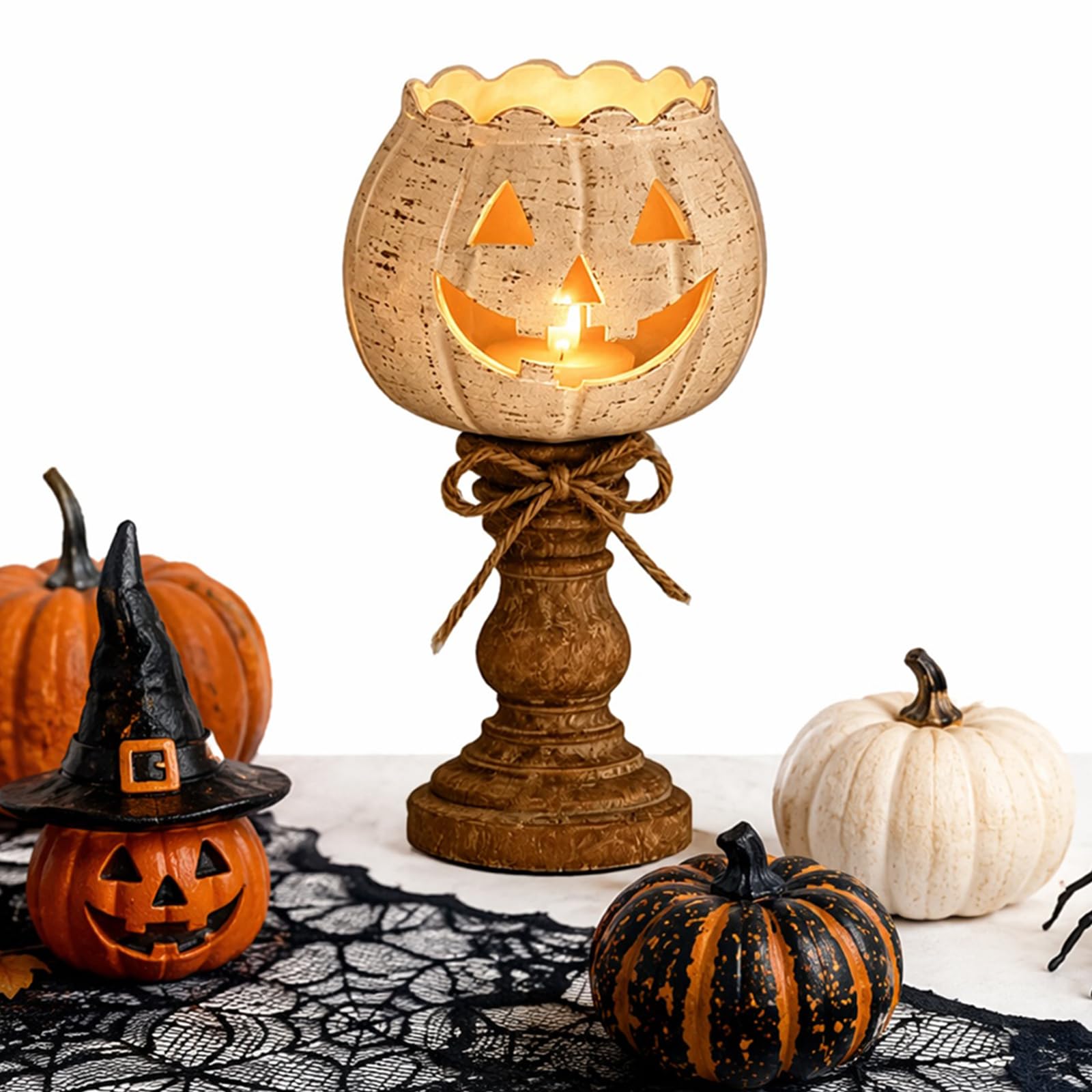 Rustic White Pumpkin Tealight Candle Holder Set Halloween Table Decor