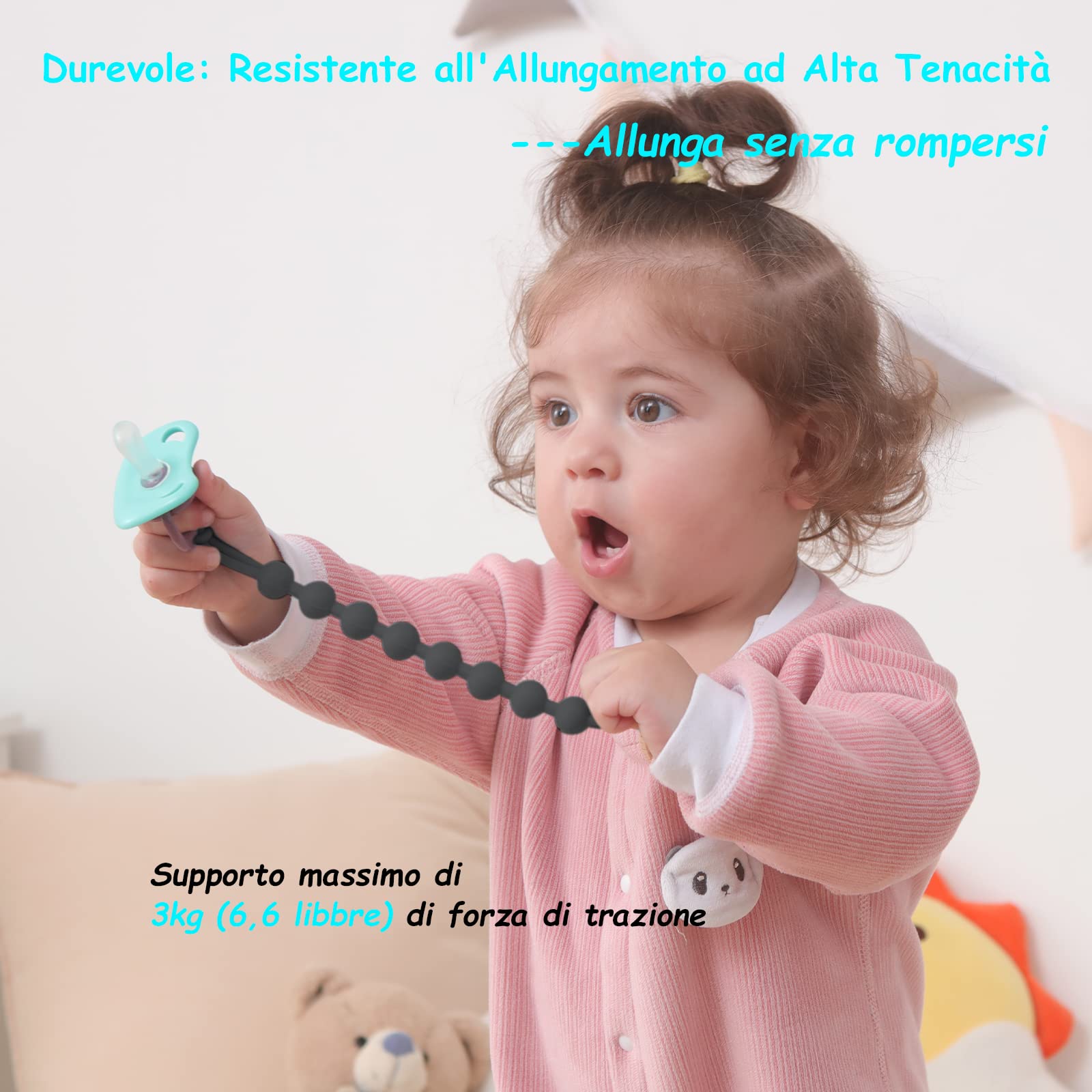 Catenella Portaciuccio in Silicone, Seposeve Confezione da 2 Catenella Ciuccio Clips, Morbide Clip Portaciuccio per Bambini e Bambine, Morbido Flessibile, Durevole - Alta Tenacità, 2 Nero