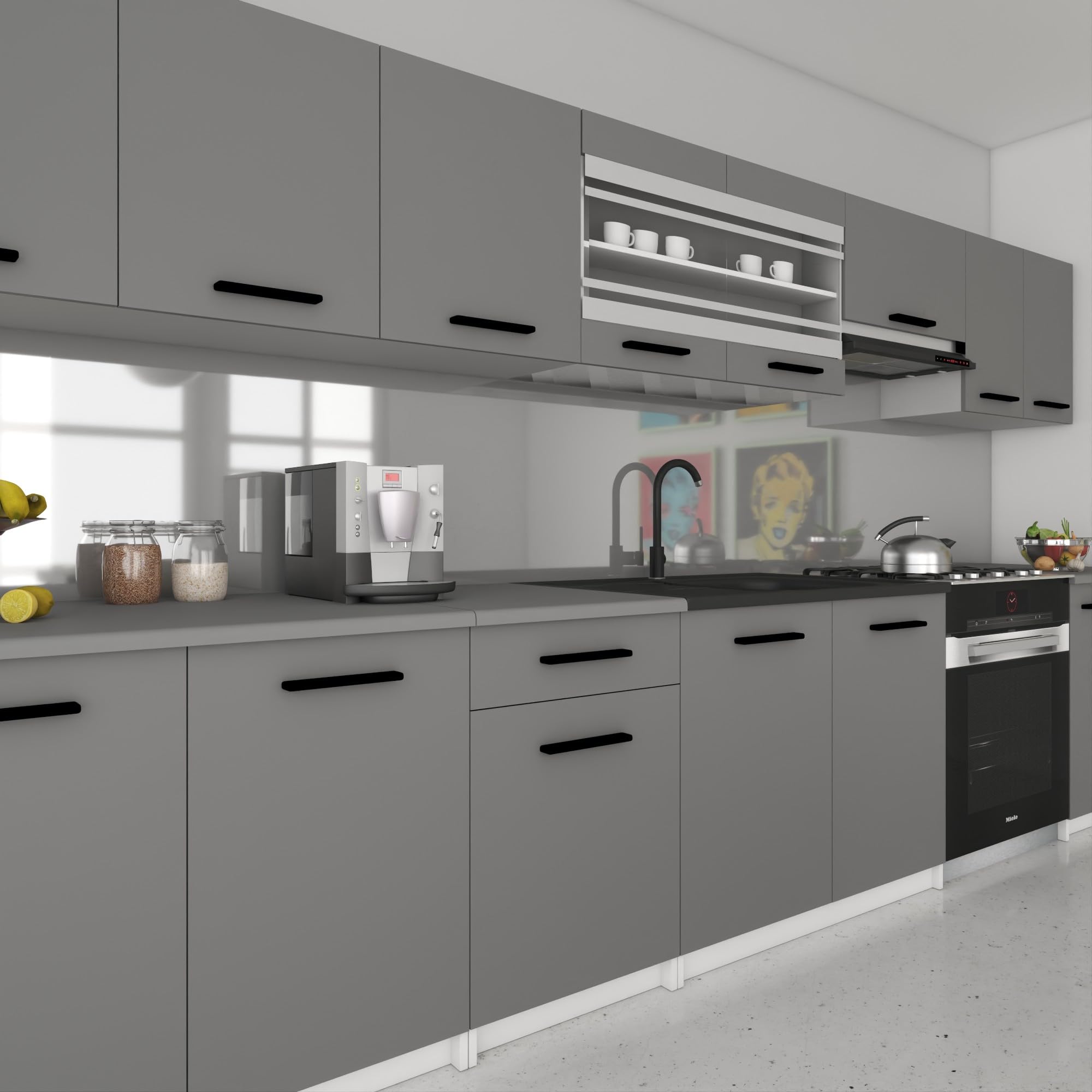 Belini Italia 3 Liniowa szafka kuchenna 320cm Szary | ECONATURA DECOR Liniowa szafka kuchenna, szafka, bez sprzętu AGD, z blatem roboczym