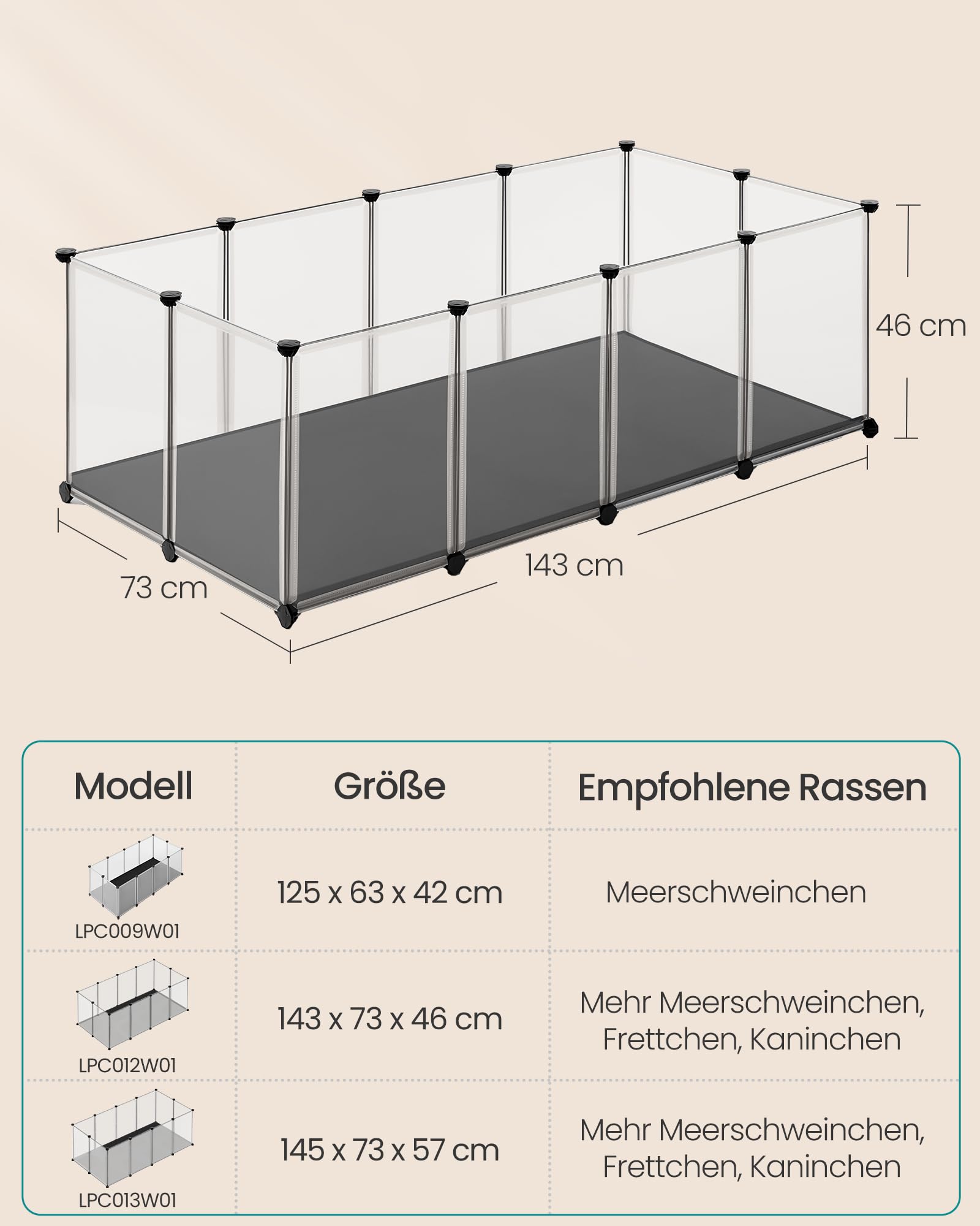SONGMICS Kleintiergehege mit Bodenplatten 2er Set, Laufstall mit Abnehmbarer und wasserfester Unterlage, Gehege für Hamster, Kaninchen, Meerschweinchen, 143 x 73 x 46 cm, weiß LPC012W21