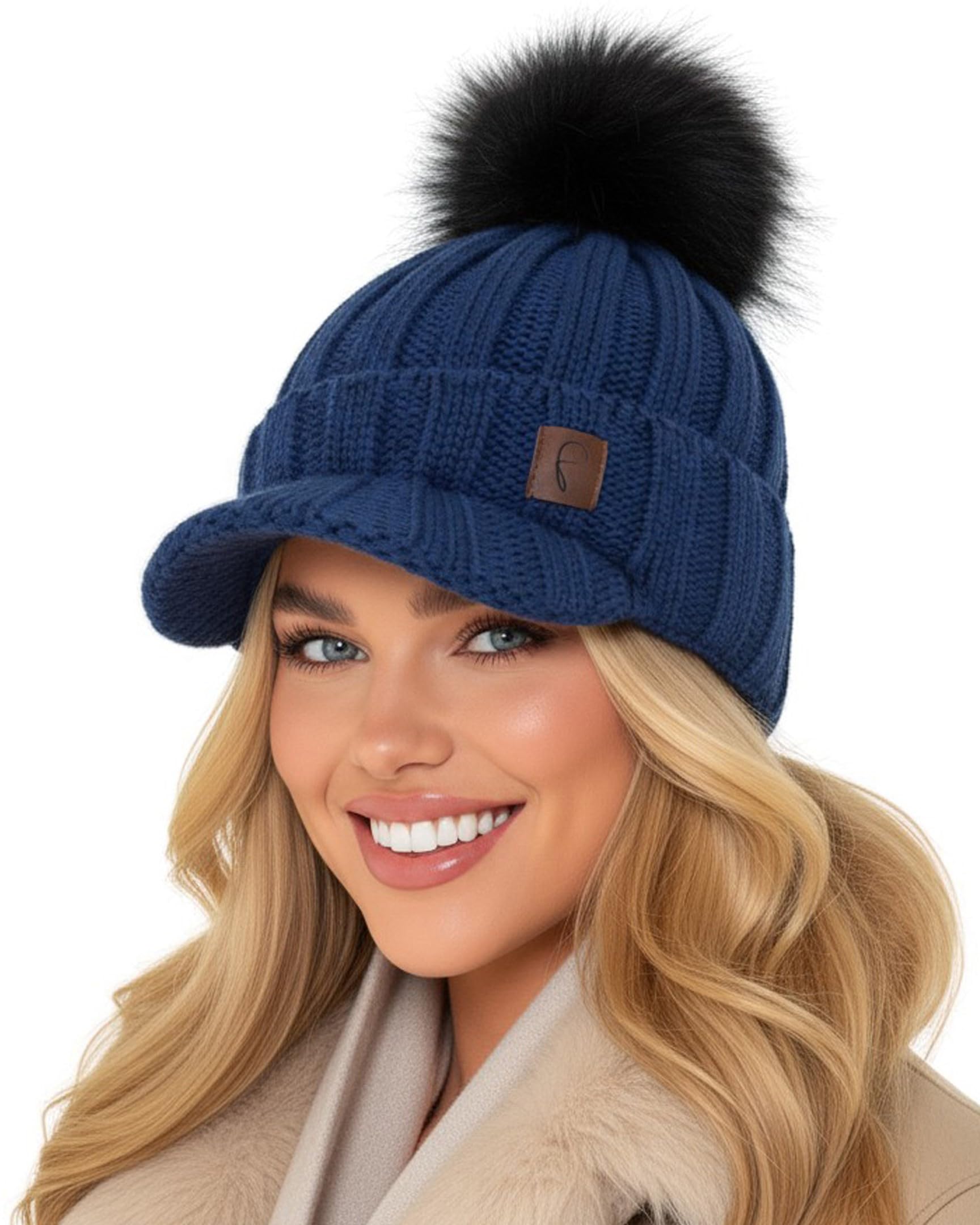 Baesics Gorro de invierno para mujer y hombre, con pompón forrado con pompón de piel sintética, estilo Beanie, fabricado en la UE, talla única, cálido y elástico con forro polar