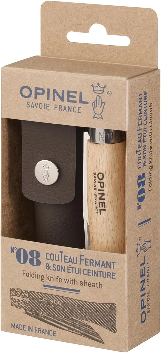 No. 08 Stainless Steel Alpine Sheath Box Set, INOX Number 8 Stainless Steel Folding Knife + Synthetic Leather Sheath for Safe Storage and Carry, Belt Loop Attachment, Lanyard, Made in France