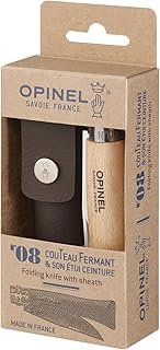 OPINEL - N°08 Inox et Étui Alpine - Couteau Pliant de Poche Bois - Couteau de Poche Lame Yatagan en Acier Inoxydable - Inox 8,5 cm et Manche en Bois de Hêtre