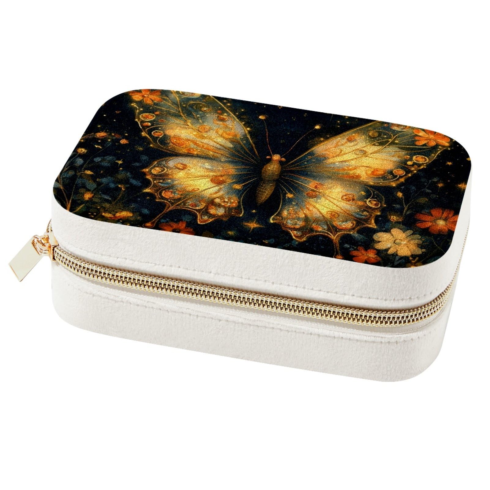 Boîte à bijoux portable dorée à motif floral et papillon pour voyage