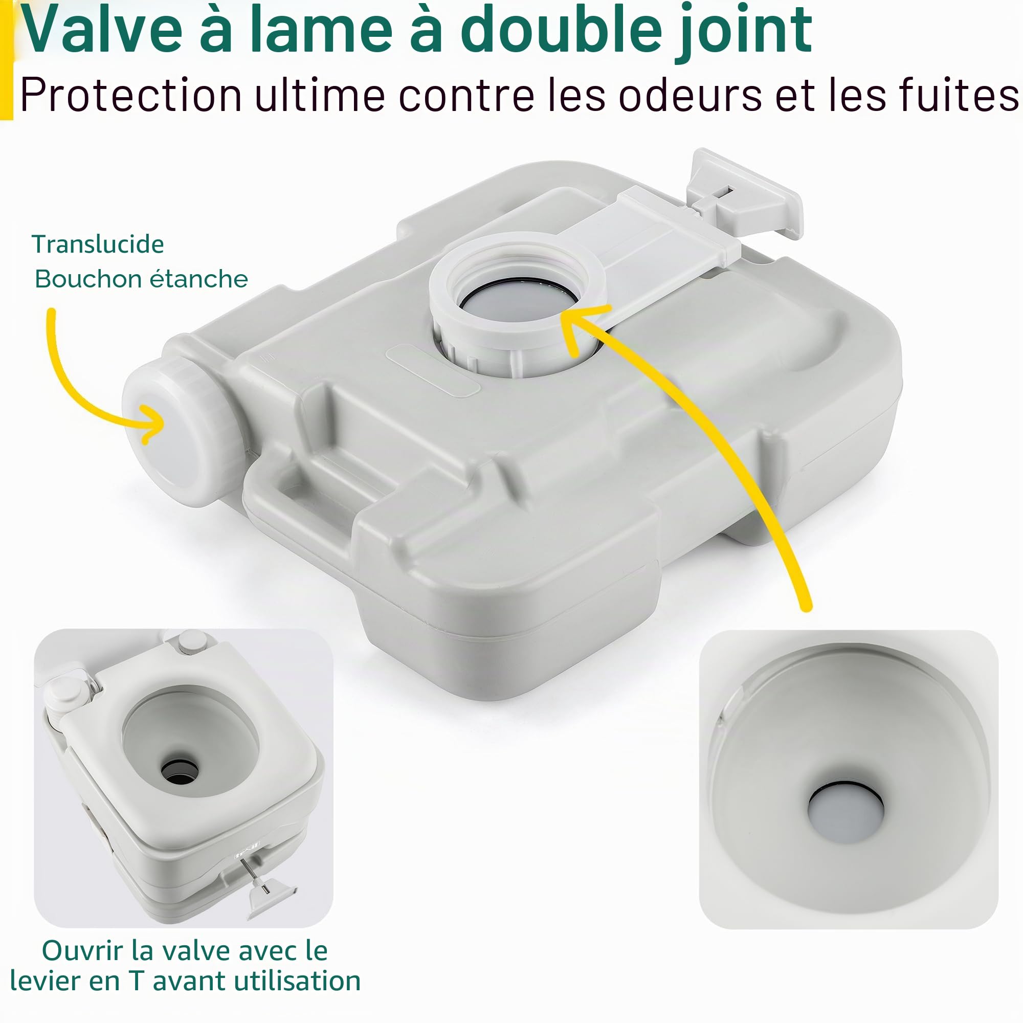 Trail Toilette Portable, Toilette Camping avec Chasse d'Eau et Grand Réservoir Détachable (10 L/20 L), Vanne à Guillotine Hygiénique Avec Double Joint pour Prévenir les Odeurs