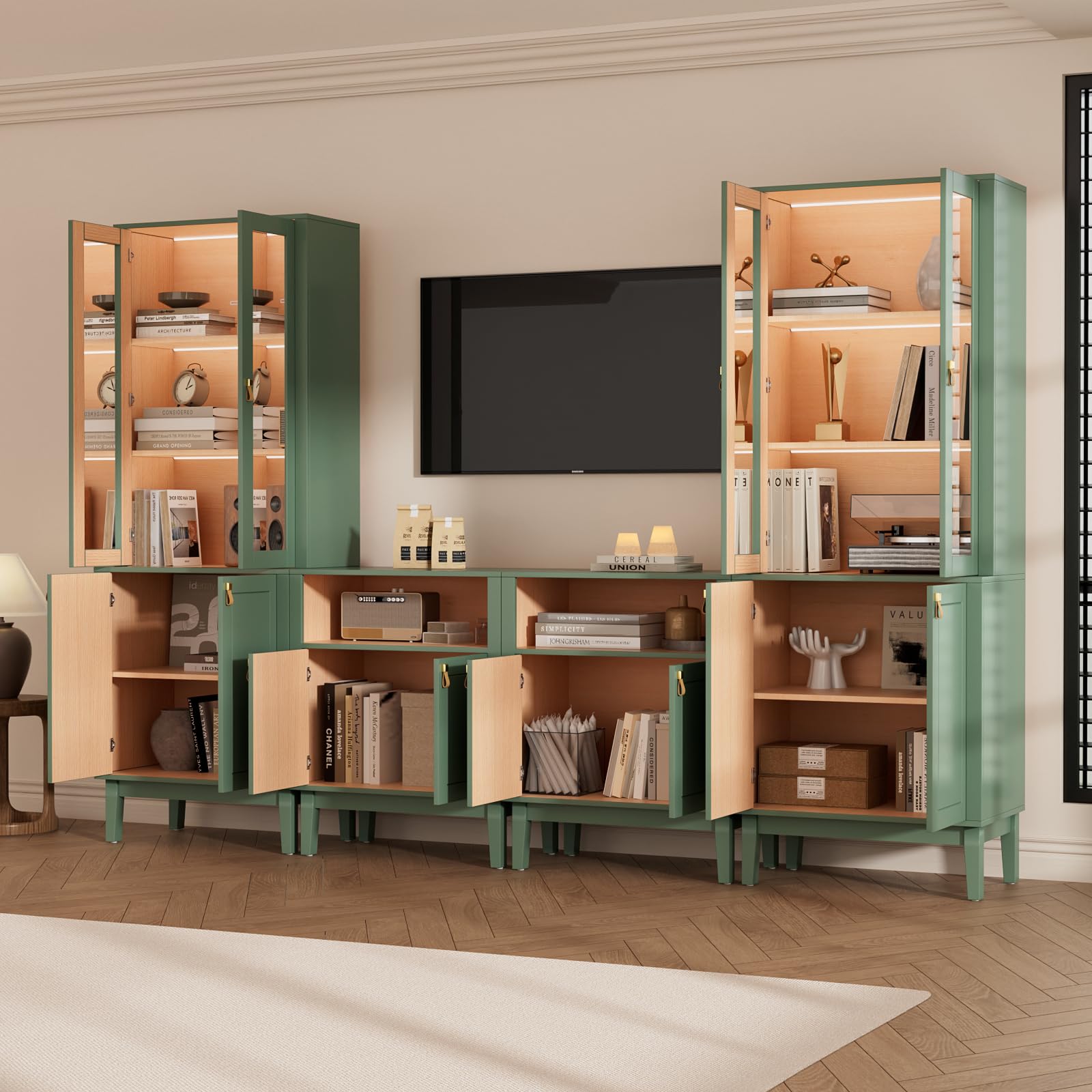 VOWNER Muebles de TV 240cm, Armario para TV con Puertas de Vidrio y Estantes, Mueble Salón con Luz LED Integrada para TV hasta 50 Pulgadas, Gabinete de Almacenamiento Moderno (Verde, 4PCS)