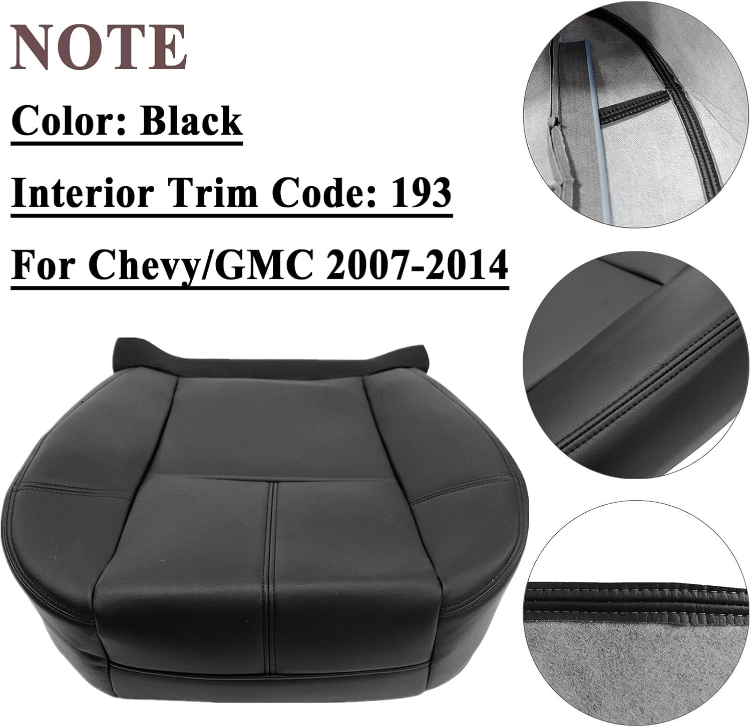 NLQR Front Driver or Passenger Side Bottom Replacement Leather Seat Covers Black Compatible with Chevy Silverado Tahoe Suburban Avalanche GMC Sierra Yukon XL 2007 2008 2009 2010 2011 2012 2013 2014