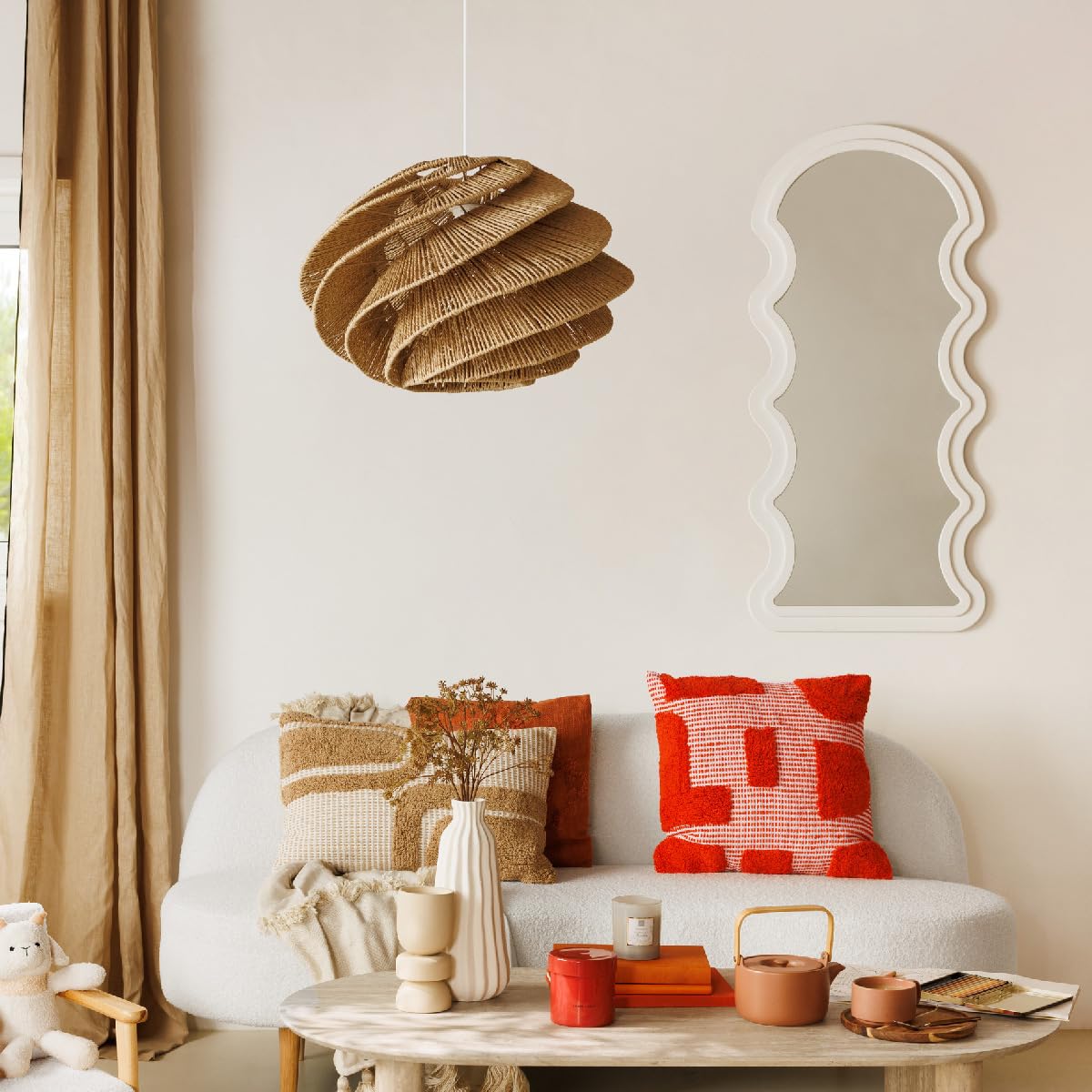 Atmosphera - Suspension Ozan Beige en Papier Tressé, Ø 54,5 cm, Hauteur Réglable - Lampe de Plafond pour Salon, Chambre, Style Bohème