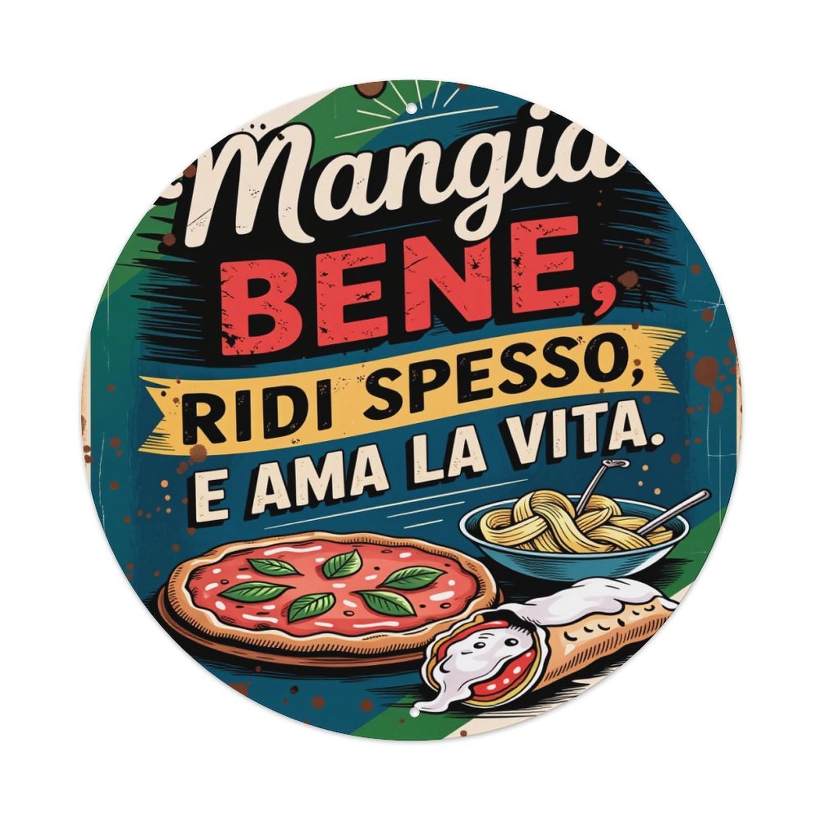 Pizza Pasta Cannoli Flag Colors Round Tin Sign Retro Metal Sign for Cafe Bar Pub Home Game Room Gym Club Wall Decoration Vintage Metal Poster 8x8 Inch