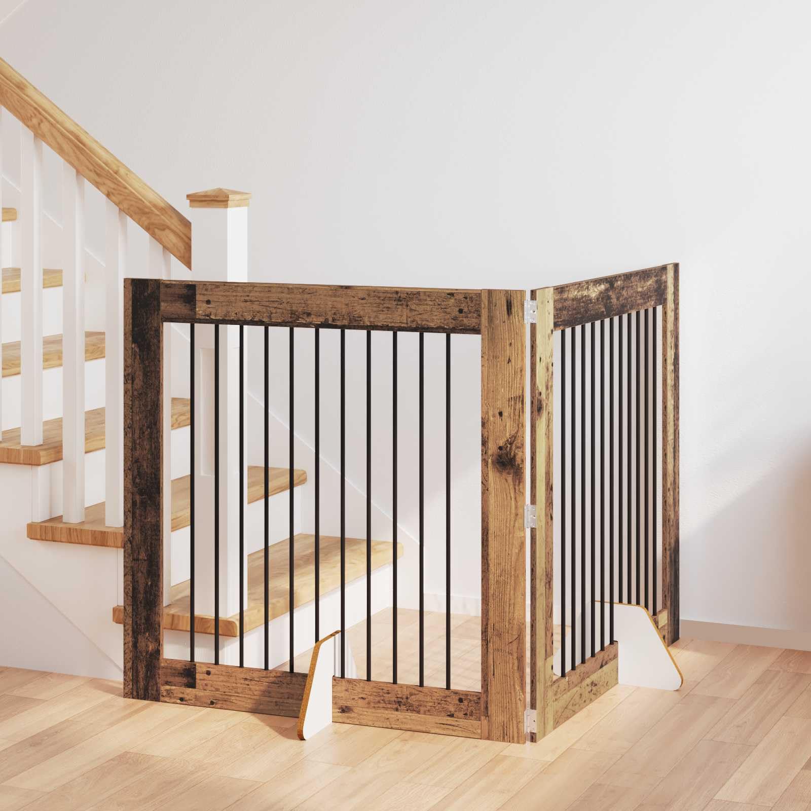 Puerta para perros con soporte, 2 unidades, madera recuperada, 100 x 100 cm, plegable, portátil, para interior, cierre flexible, protección de seguridad para cachorros, parque y entrenamiento