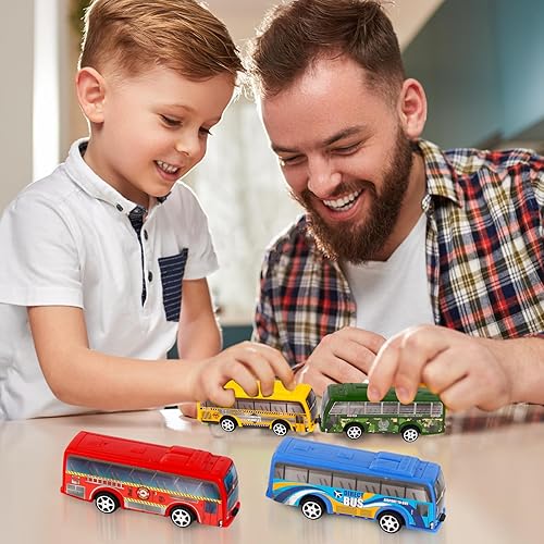 Miniatura 5 de Juego de 16 piezas de vehículos de autobús urbano con tracción trasera, mini autos para niños pequeños, vehículos de carreras impulsados por