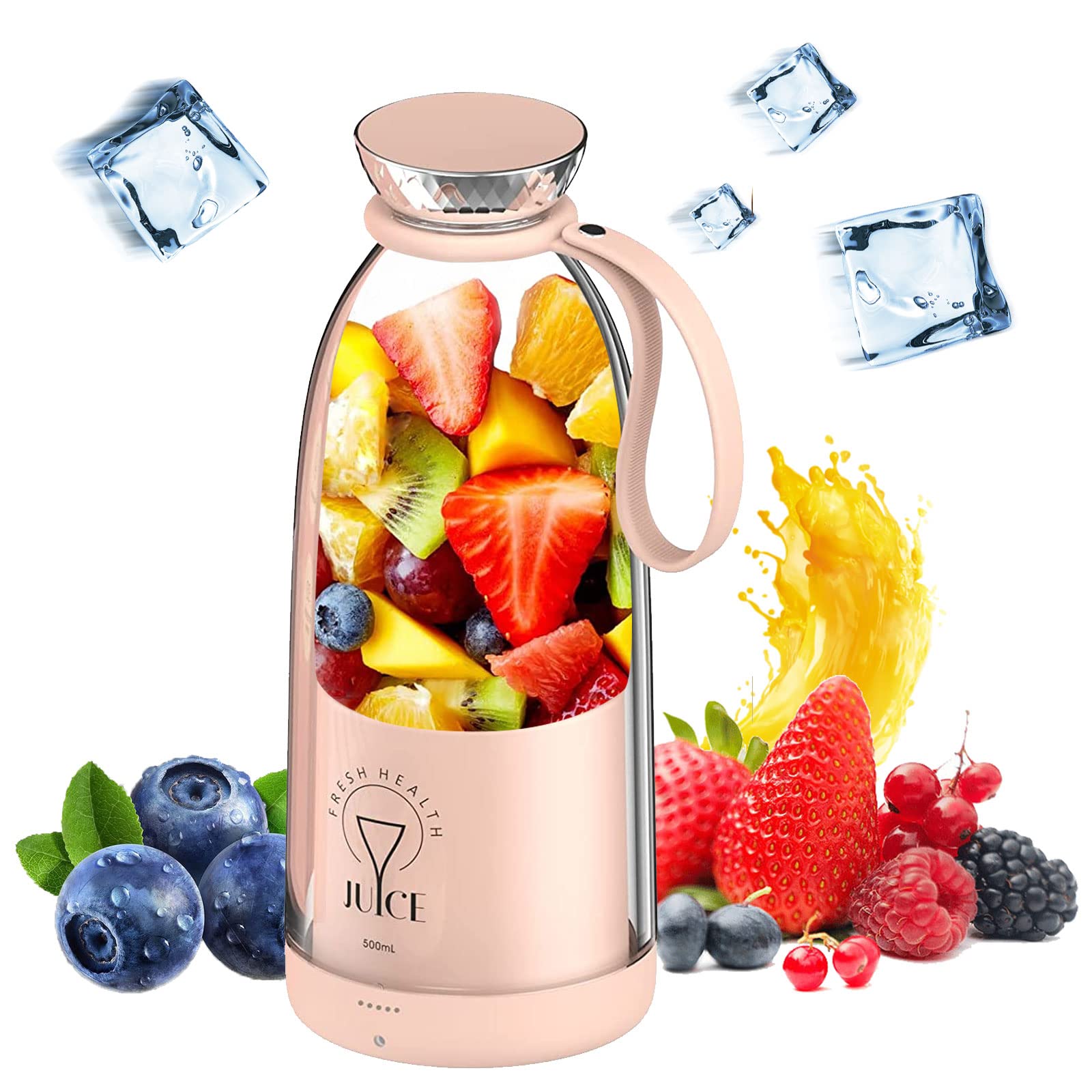 Fresh Juice Mixer Bottiglia, frullatore portatile, frullatore per smoothie Maker To Go,500 ml, supporto ricaricabile con 6 lame in acciaio inox, bottiglia per alimenti per bambini (rosa)