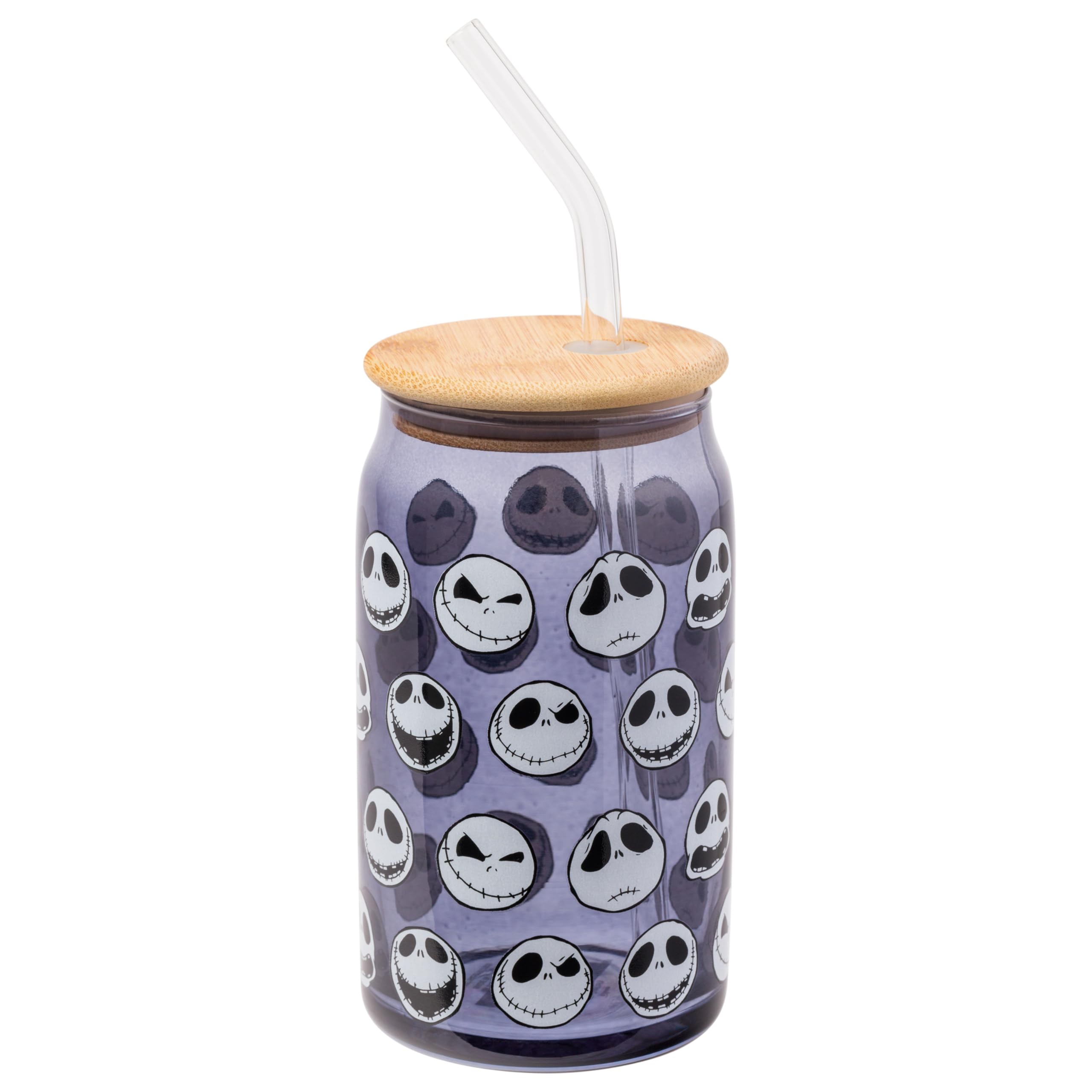 Silver Buffalo Disney Tim Burton Nightmare Before Christmas Jack Skellington Expressions Gray Glass Jar Tumbler with Bamboo Lid and Glass Straw, 16 Ounces — image 1