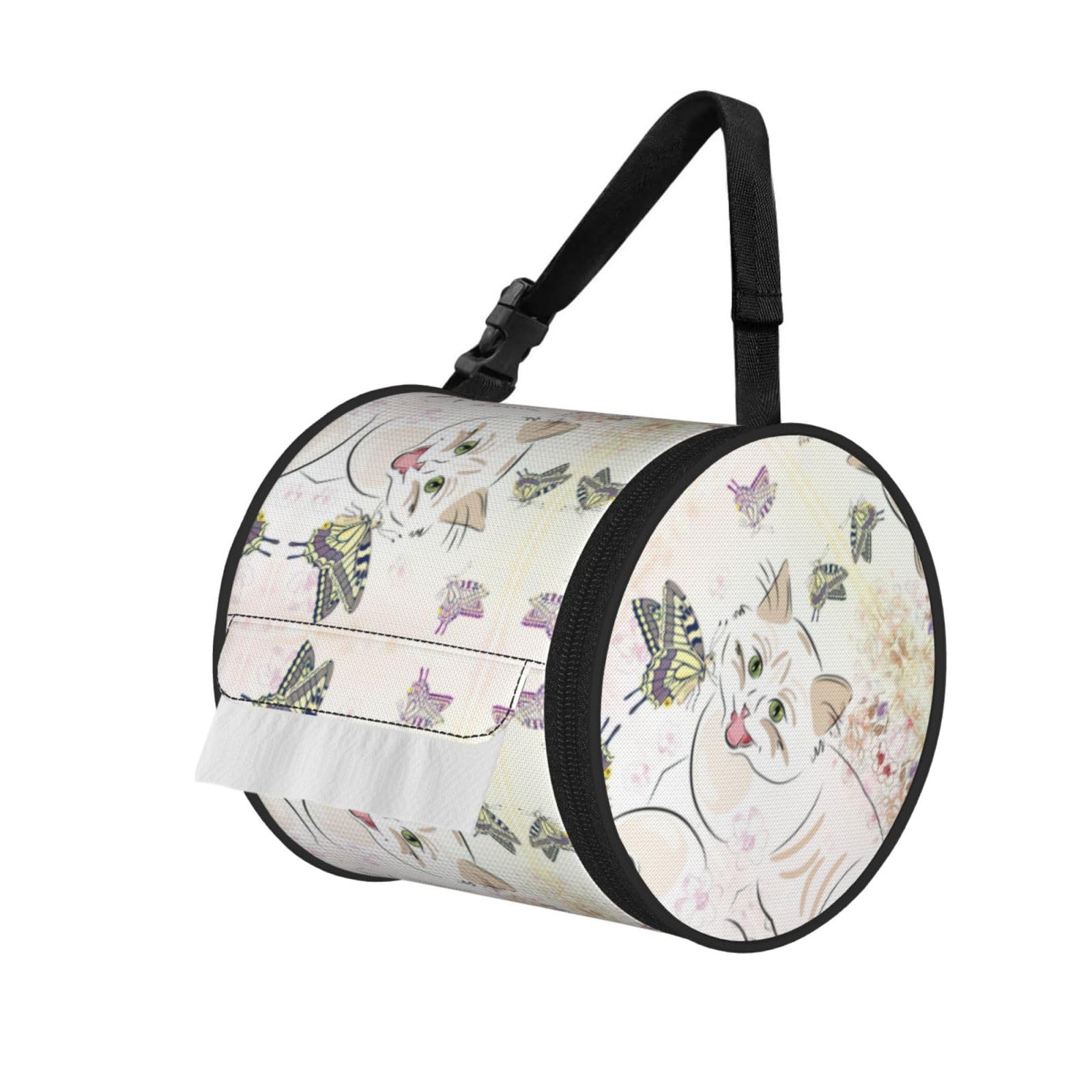 Jiuty Black Cat Print Cylinder Tissue Organizer Bag With Strap, Portable Toilet Roll Holder For Camping Car