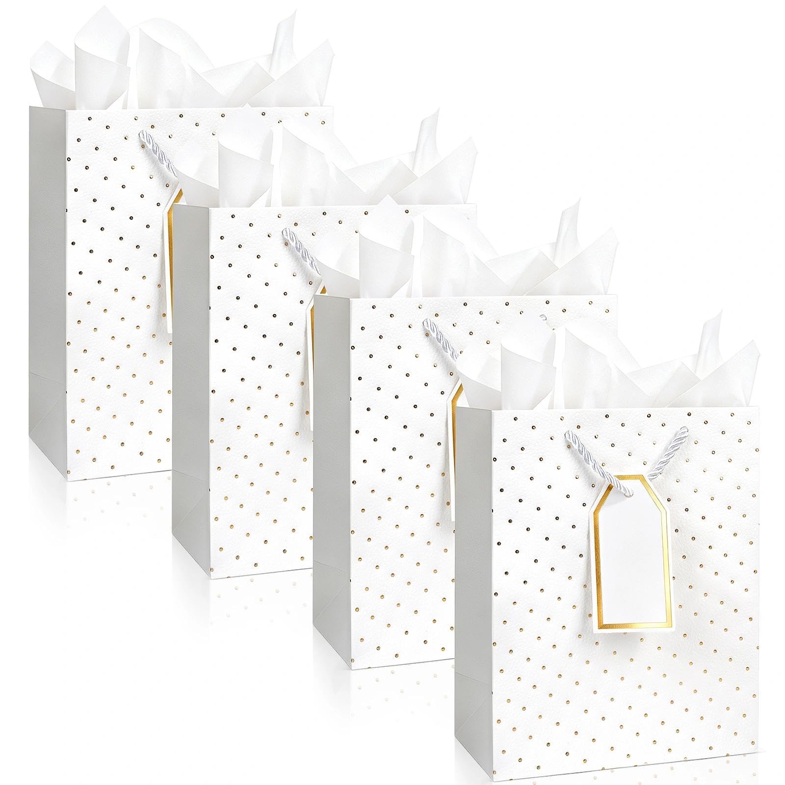 4 Pack White Small Gift Bags with Handles 18x10x23cm, Embossed Leather Look Present Bags with Tissue Paper & Tags, Gold Foil Dot, Ideal for Birthday, Wedding, Christmas, Corporate & All Occasions