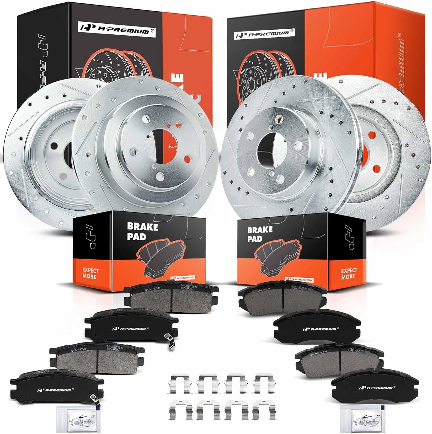 A-Premium Front and Rear Drilled and Slotted Disc Brake Rotors + Ceramic Pads Kit Compatible with Select Subaru Models - Impreza 1993-1996, Legacy 1990-1996, 12-PC Set