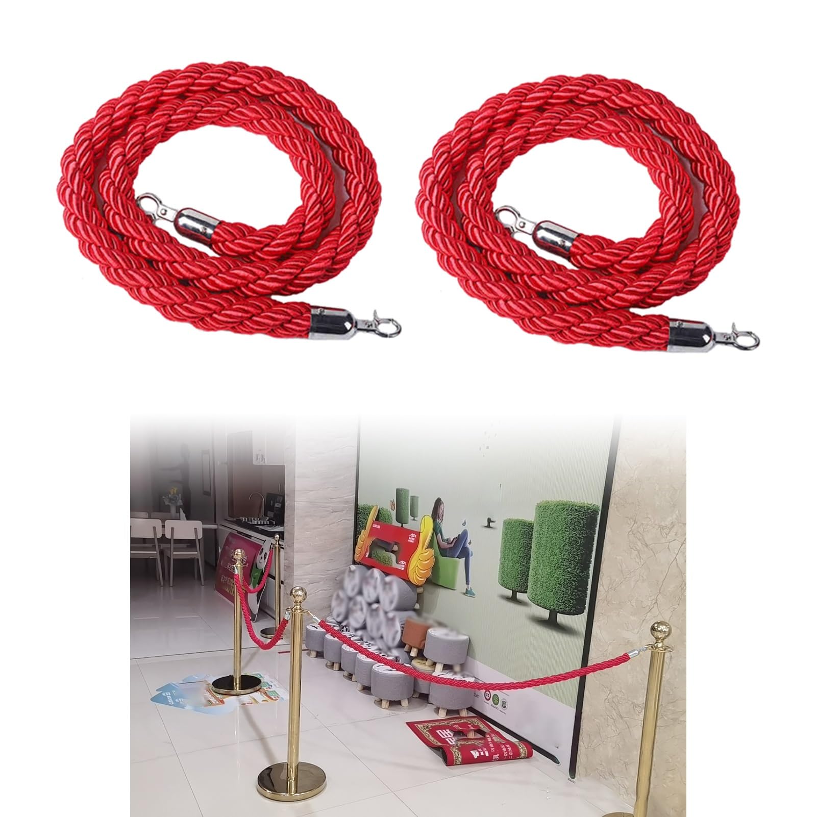 GDMDPTE Heavy-Duty Red Braided Ropes for Stanchions 5/8/10mm Hemp Cord with Silver Hook Ideal for Event Crowd Control Red Carpet Cinema Grand Openings - 1.2m (4ft)