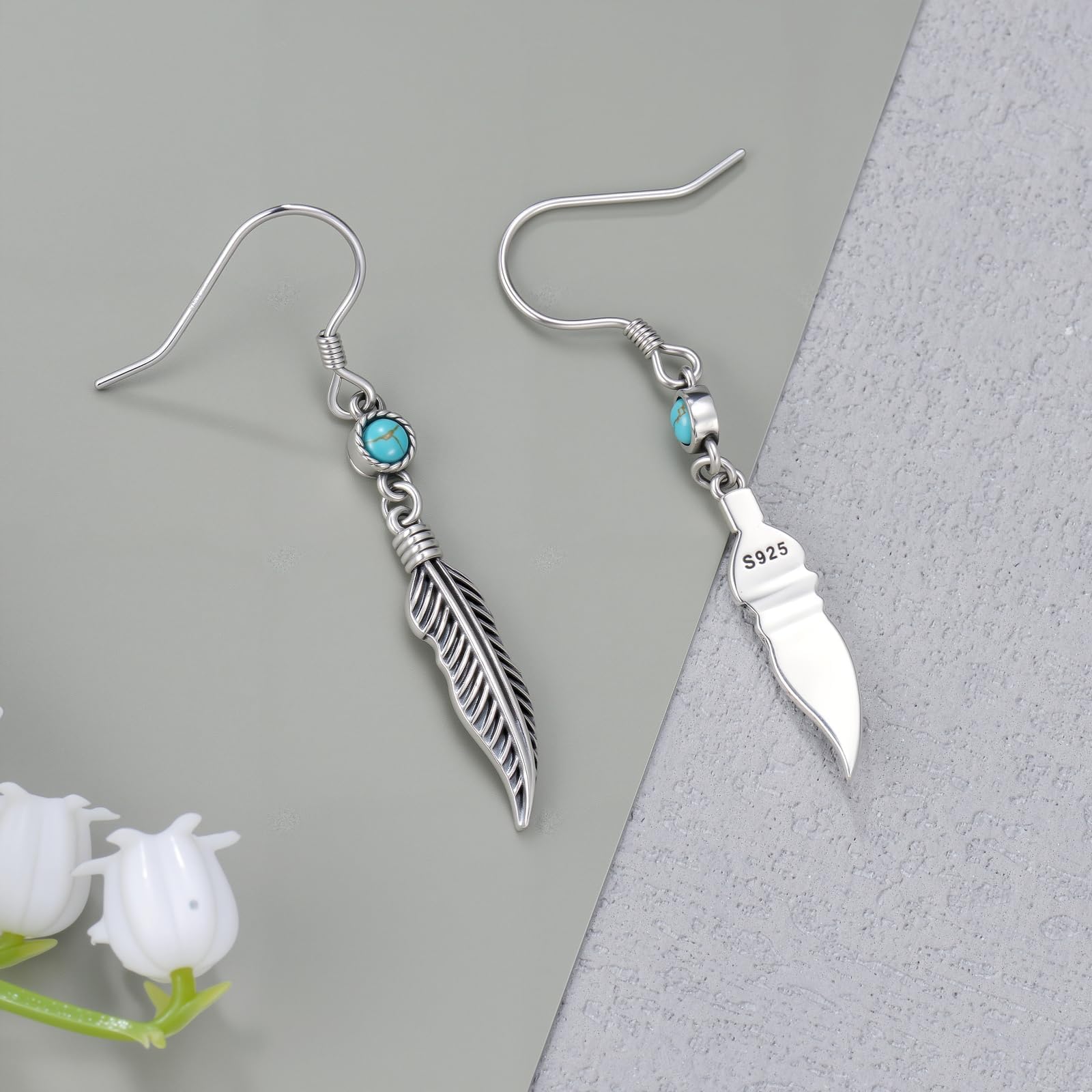 Orecchini pendenti in argento Sterling 925 con vera piuma turchese, orecchini pendenti da donna